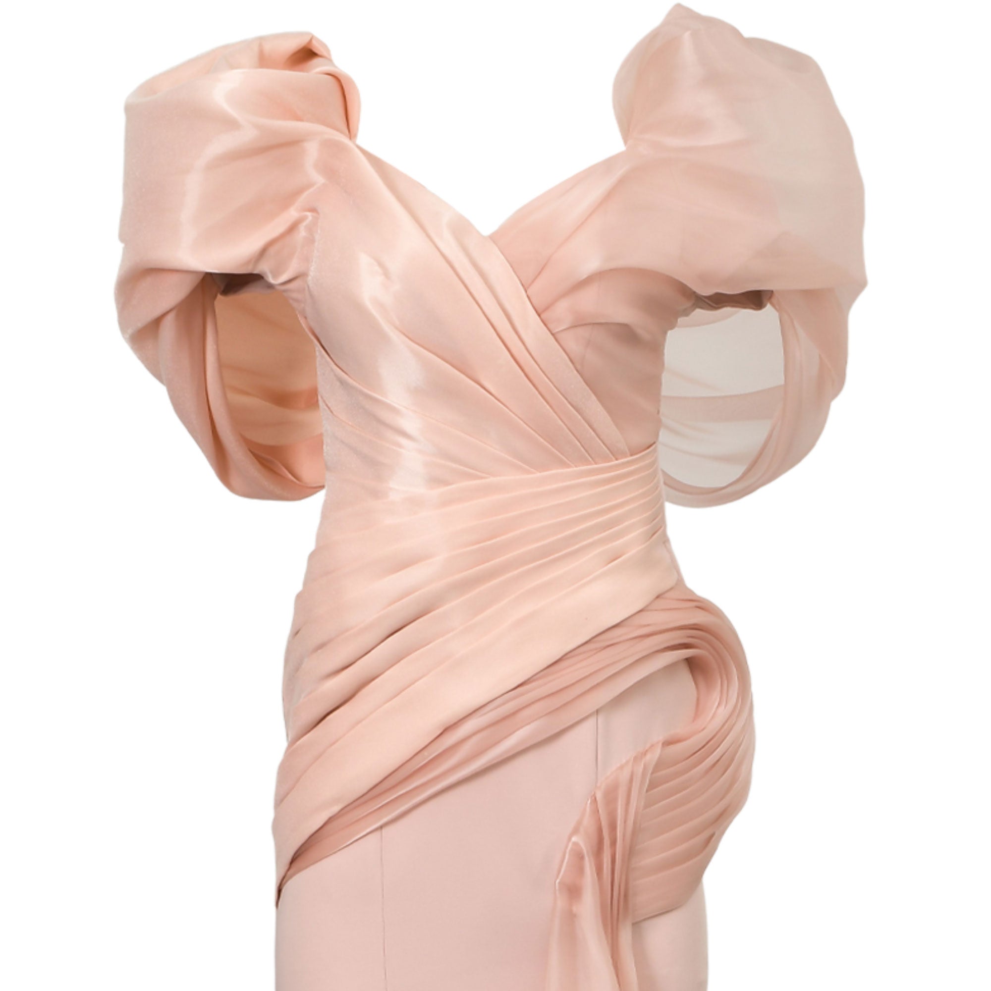 Pink off-shoulder dress with voluminous sheer puffed sleeves, a draped satin bodice, and pleated waist and hip details.