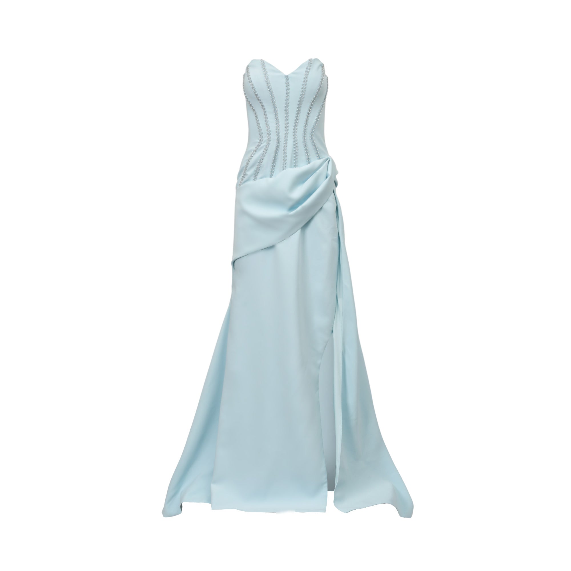 Light blue strapless gown with sweetheart neckline, corset-style bodice with silver-toned bead embellishments, and draped ski