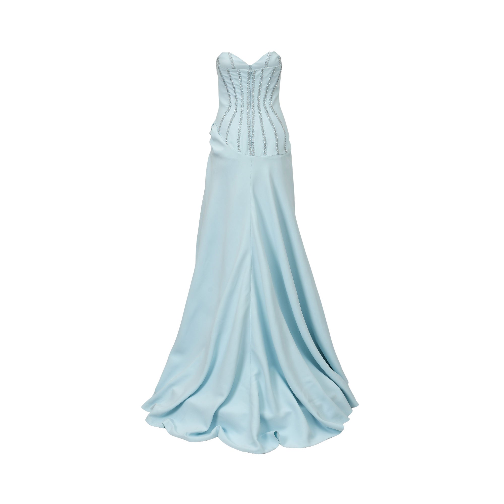 Dress blue strapless gown with a sweetheart neckline. The bodice features vertical rows of silver-toned embellishments, and t