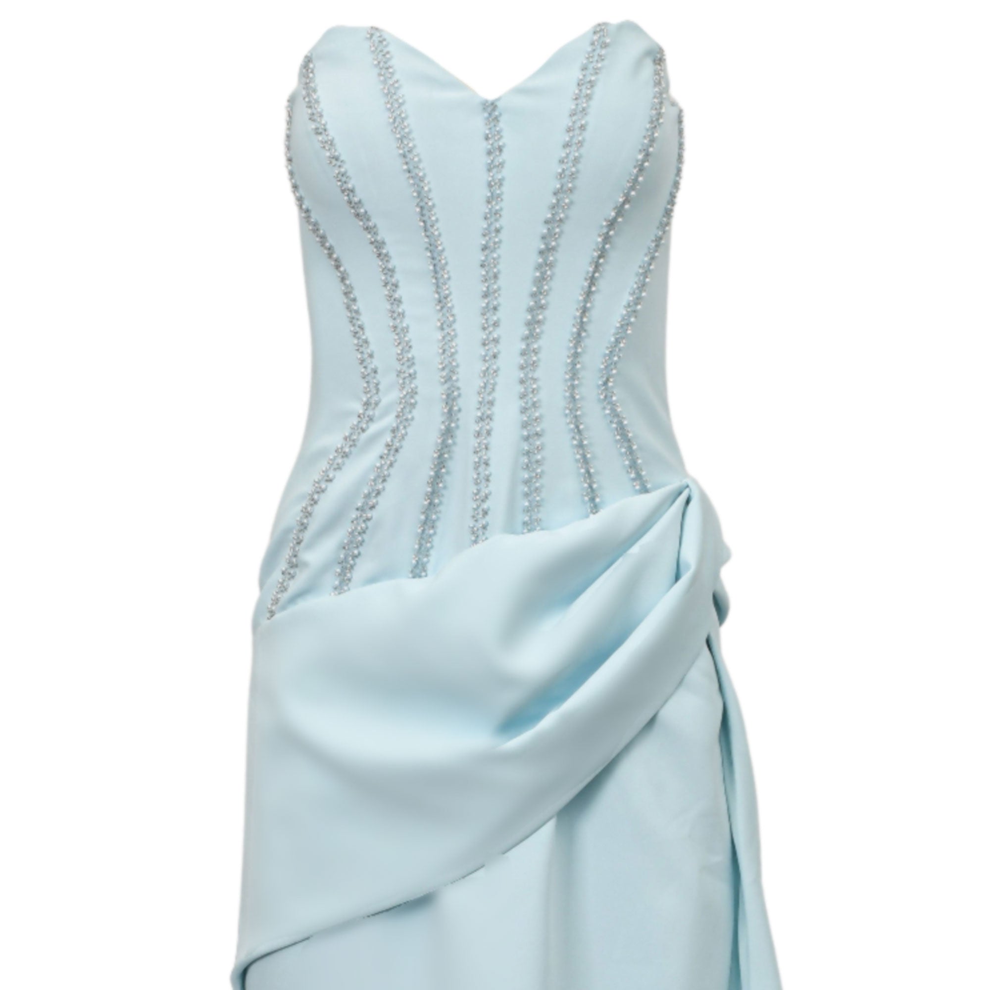 Light blue strapless dress with sweetheart neckline. Bodice has vertical, curving rows of silver-toned beads. Skirt features