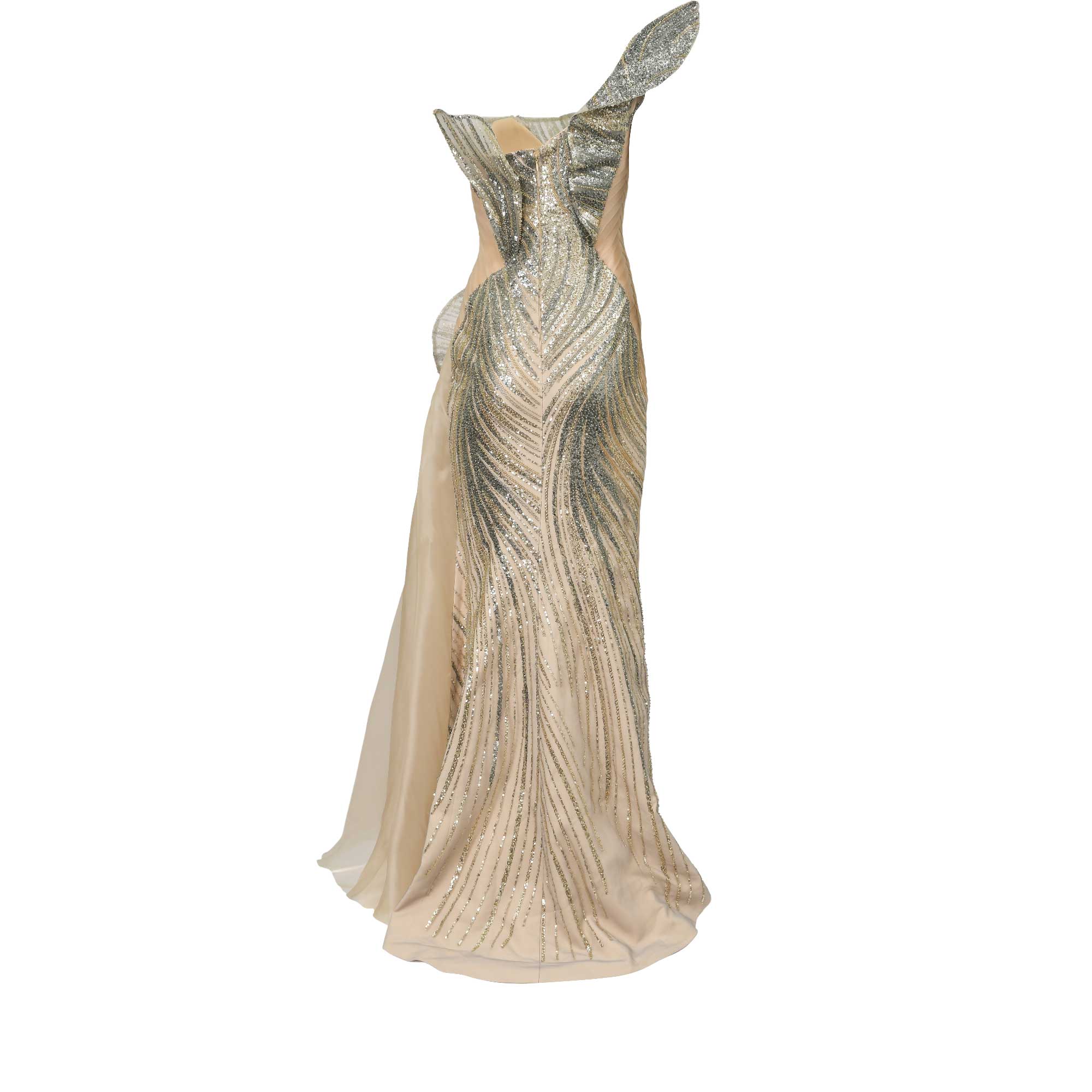 Nude floor-length gown with silver-toned sequin wavy patterns. Features a dramatic ruffled one-shoulder and a sheer side pane