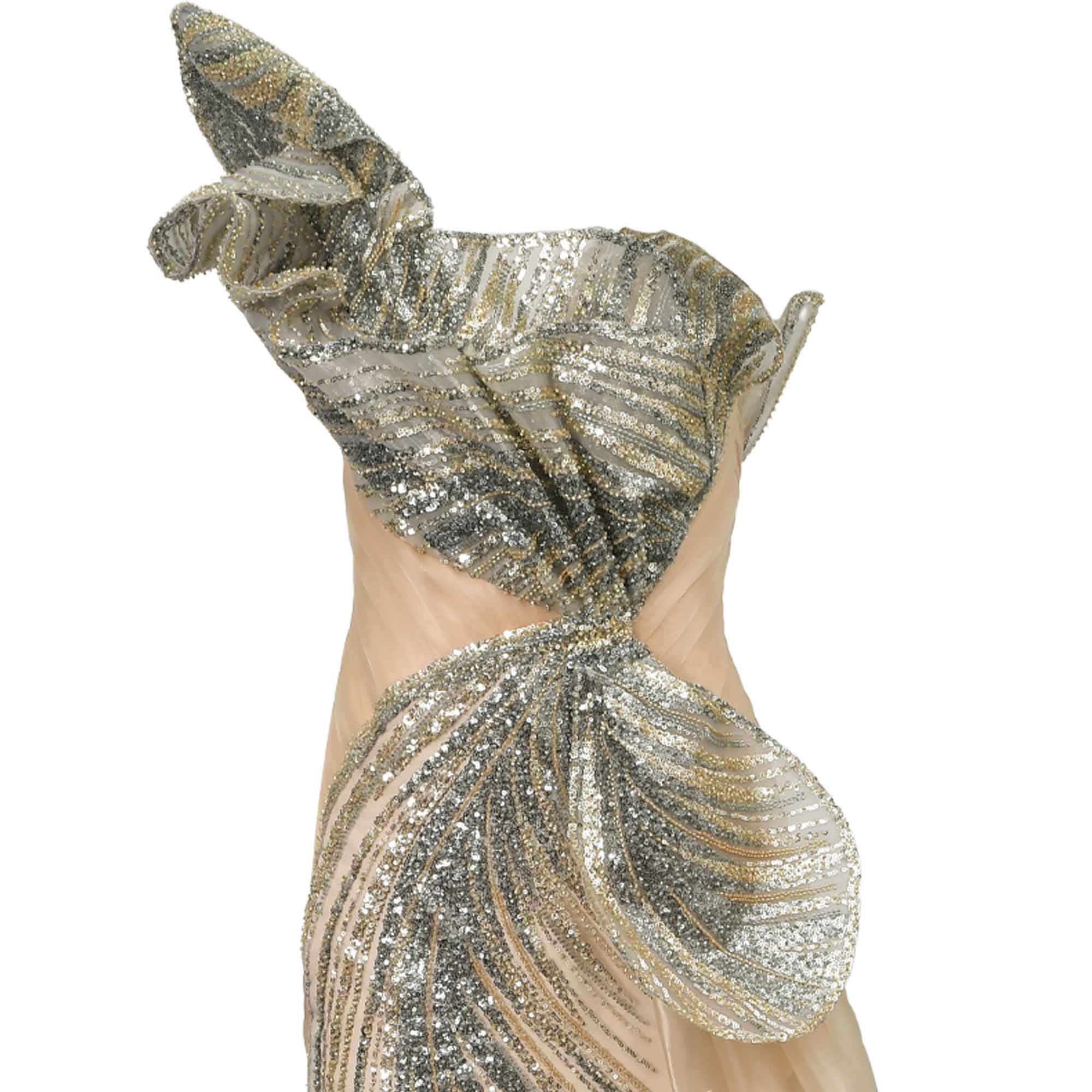 Nude one-shoulder dress with a ruffled left shoulder, intricately embellished with swirling gold-toned and silver sequins and