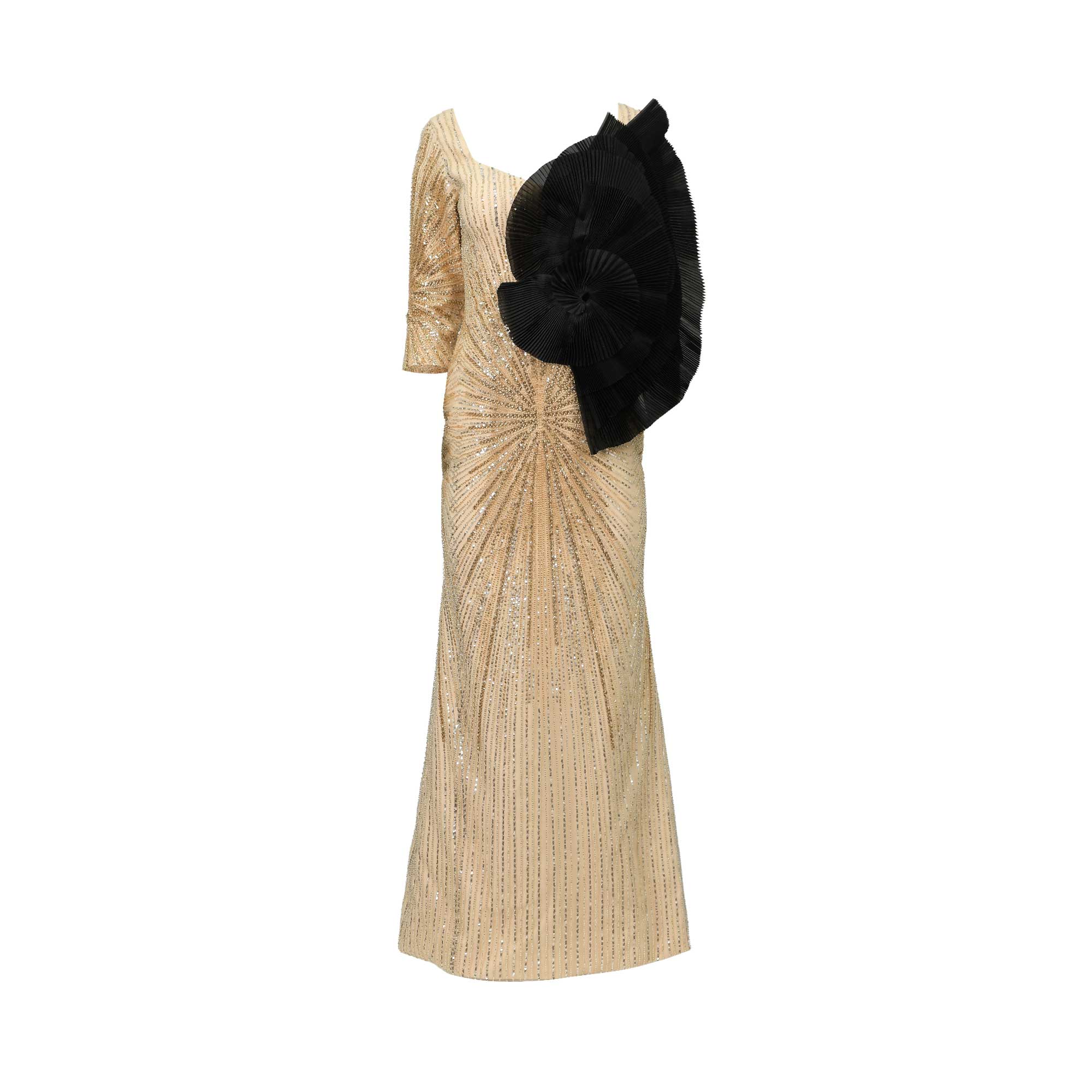 Gold-toned sequined gown with 3/4 sleeves, a square neckline, and a large pleated black ruffle on the left shoulder.