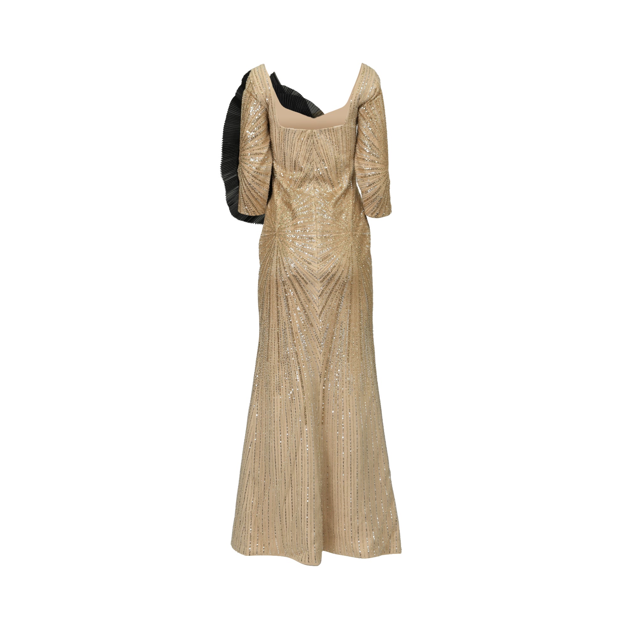 Gold-toned sequined gown with square neckline, 3/4 sleeves, chevron patterns on bodice, and vertical lines on skirt.