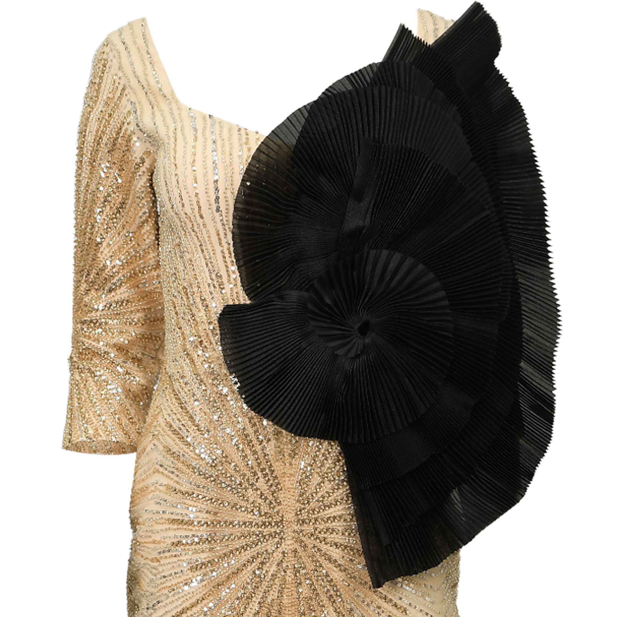 Gold-toned sequined dress with a square neckline, long sleeves, and a large black pleated ruffle on the right shoulder.