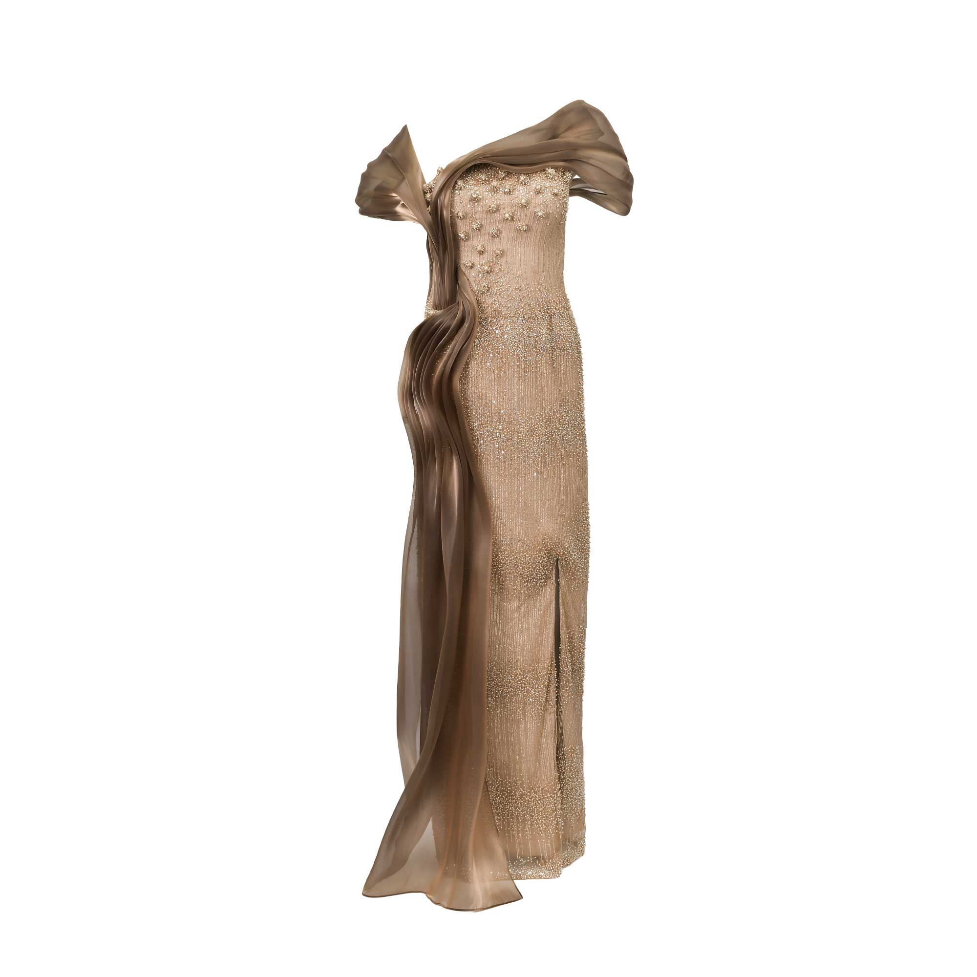 Bronze off-shoulder gown with a heavily beaded bodice and skirt. It features a draped sheer fabric neckline and a ruffled sid