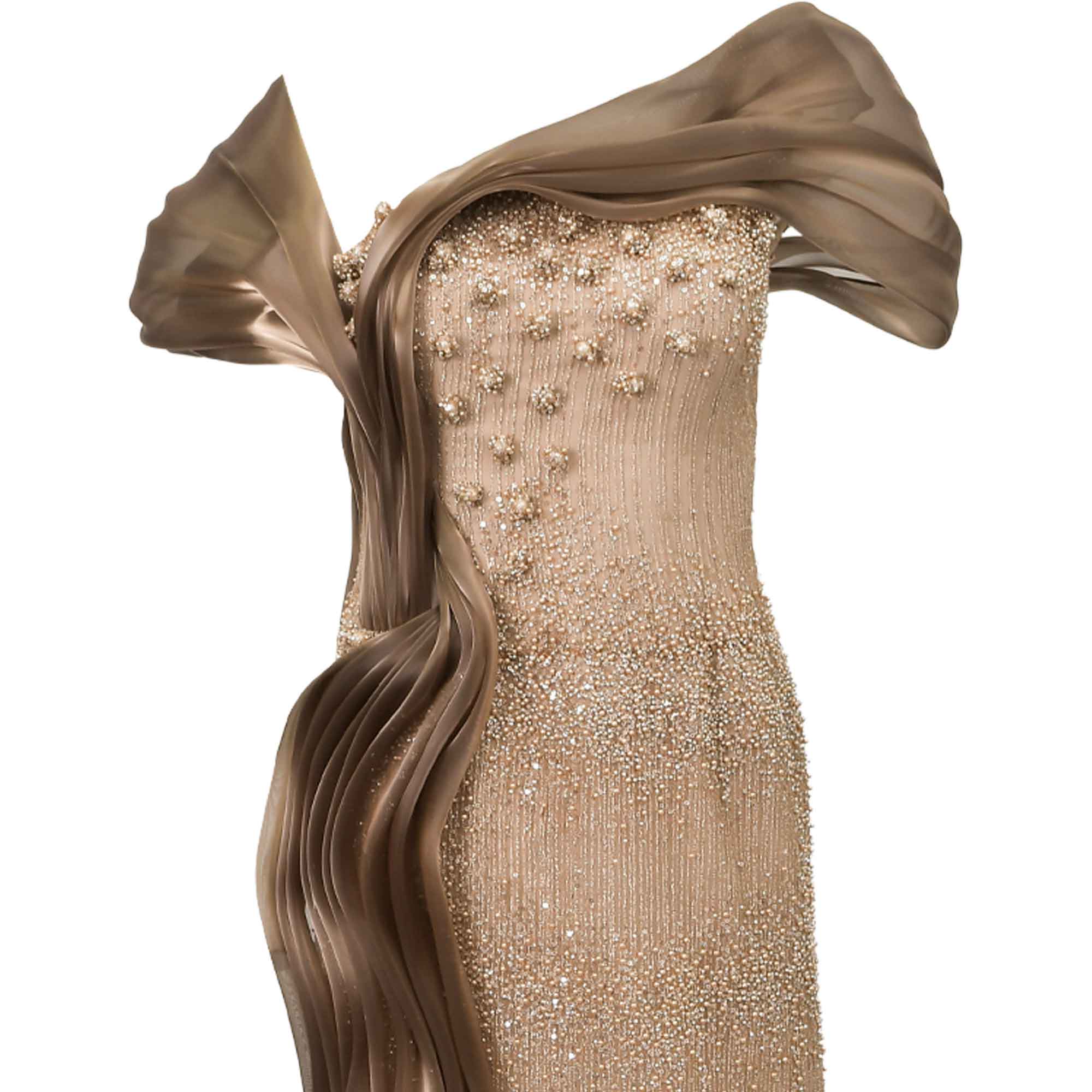 Bronze strapless dress with gold-toned beading. Bodice has scattered beaded clusters; skirt is densely beaded. Asymmetrical s