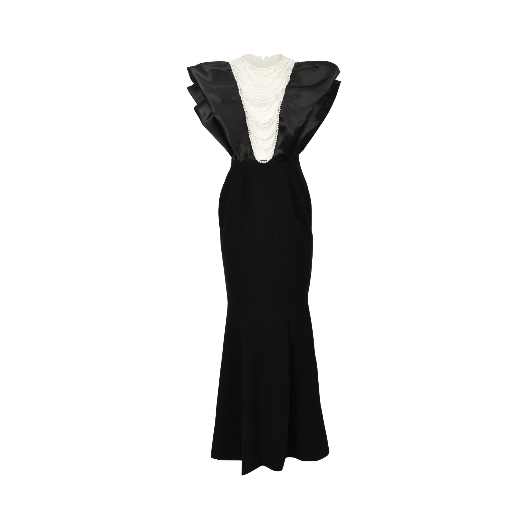 Black and white mermaid dress. White high collar, black ruffled satin bodice with draped pearl strands. Black fitted skirt fl