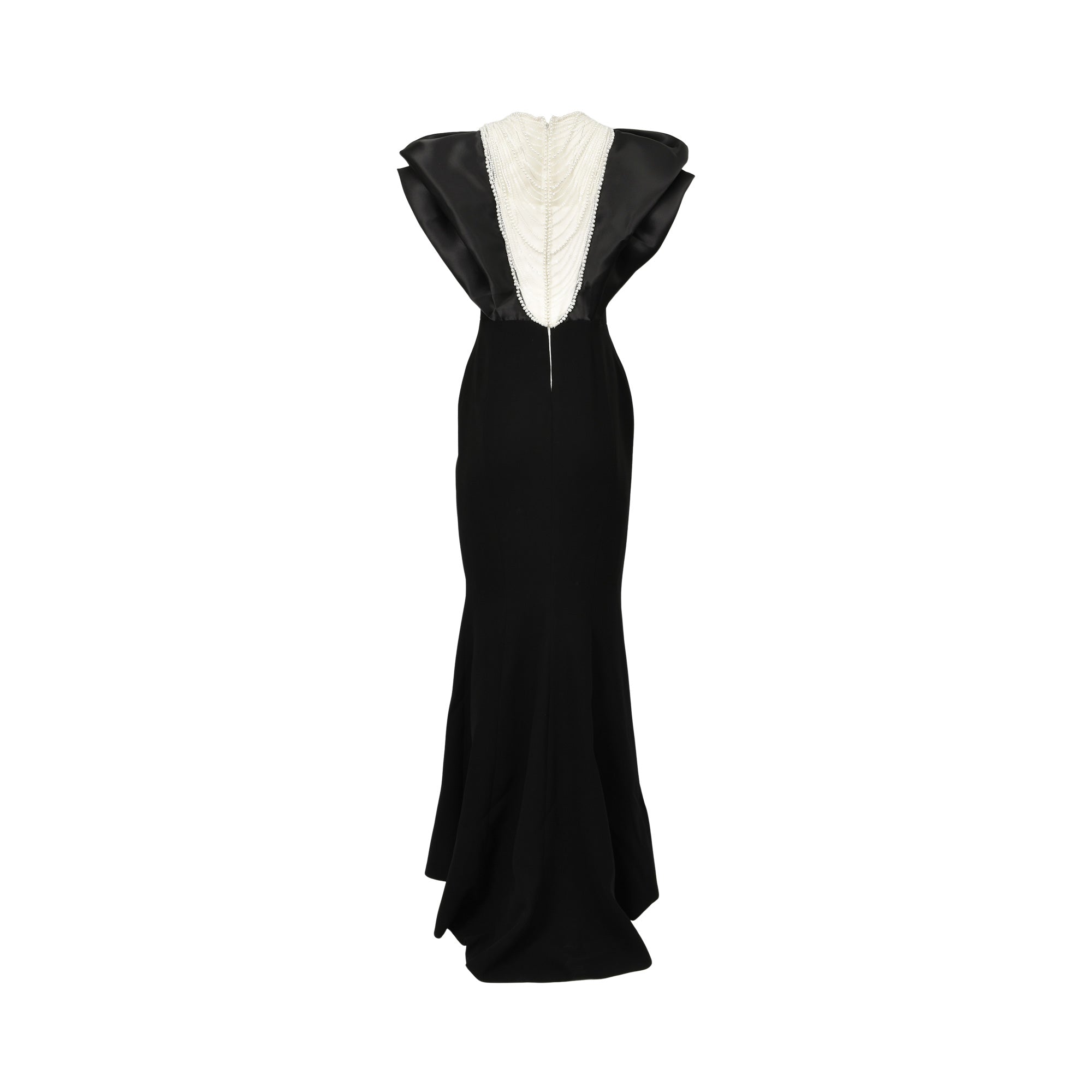 Black mermaid gown with structured, wide shoulders and a deep V-shaped back adorned with white pearl-like beads. Long back zi