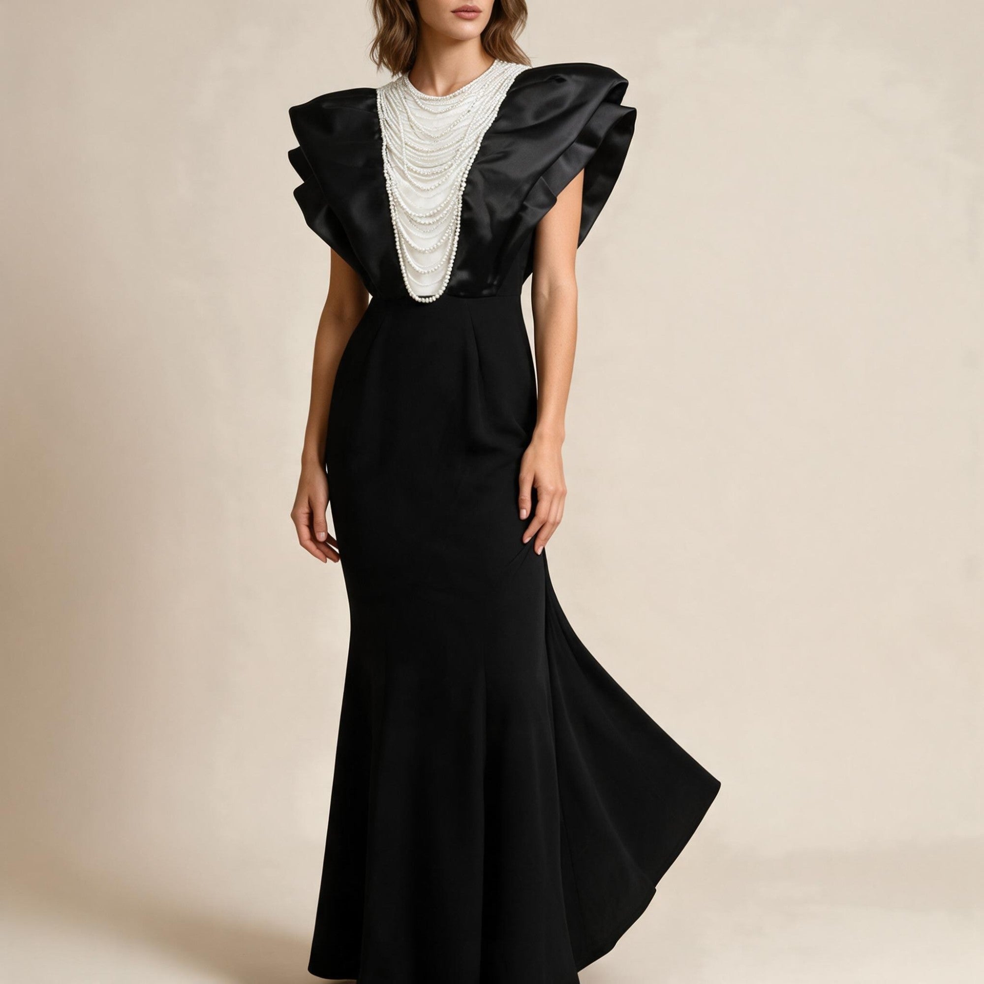 Black long mermaid dress with voluminous black satin ruffled shoulders and a V-shaped white pearl embellishment.