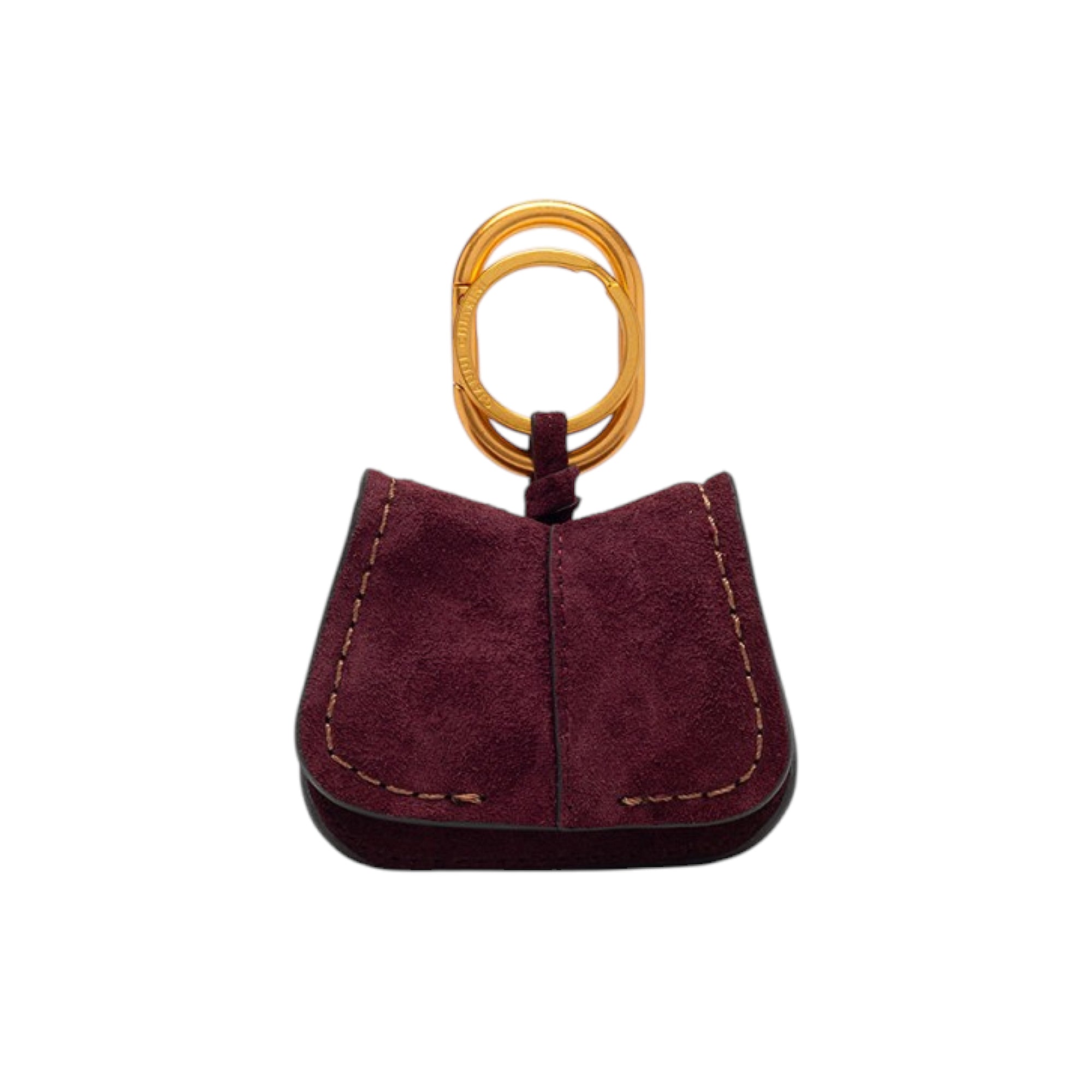 Burgundy suede-like mini-bag charm keychain with gold-toned metal keyring and contrasting light brown stitching.