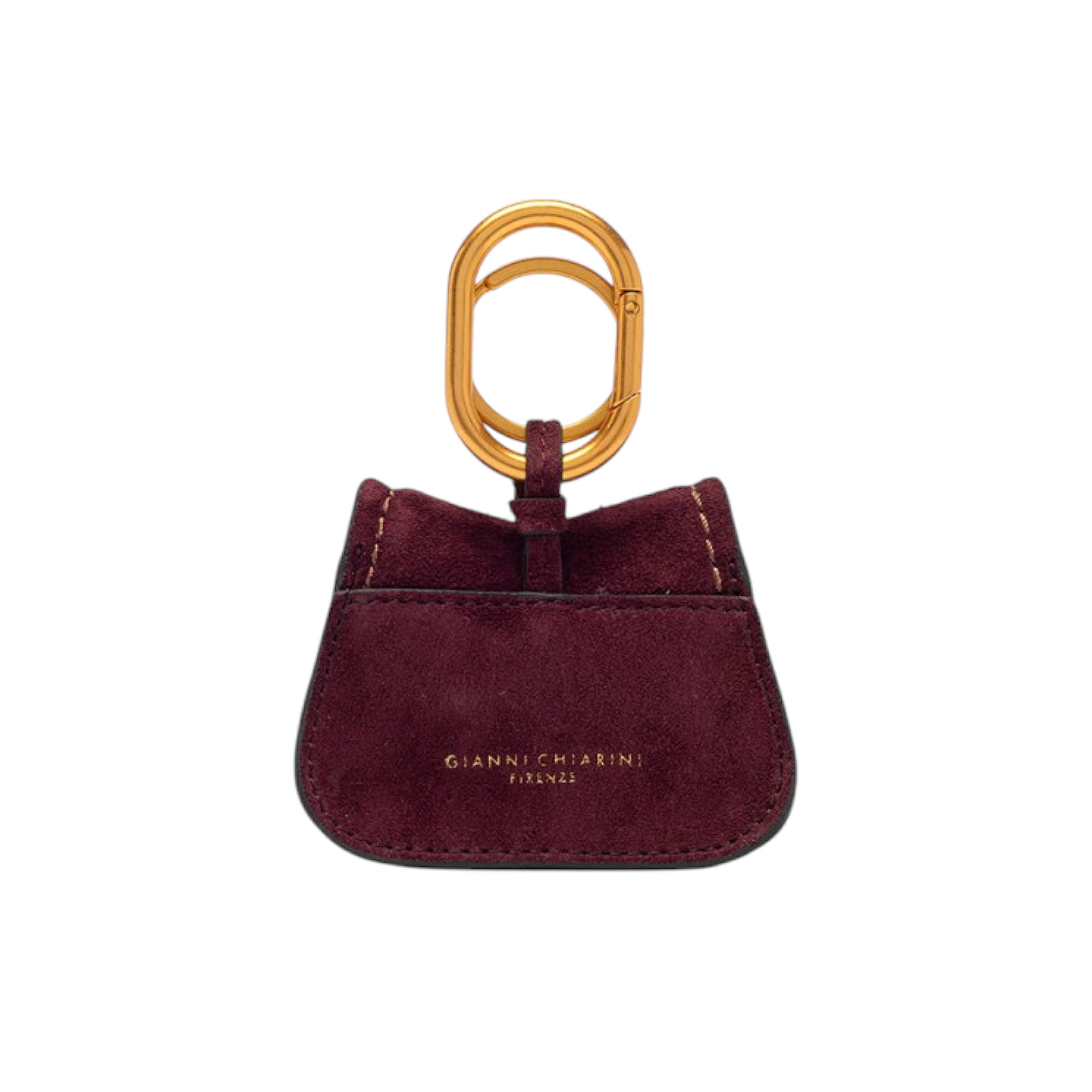 Burgundy suede mini-bag charm with gold-toned oval carabiner clip, light stitching, and gold-toned brand logo.