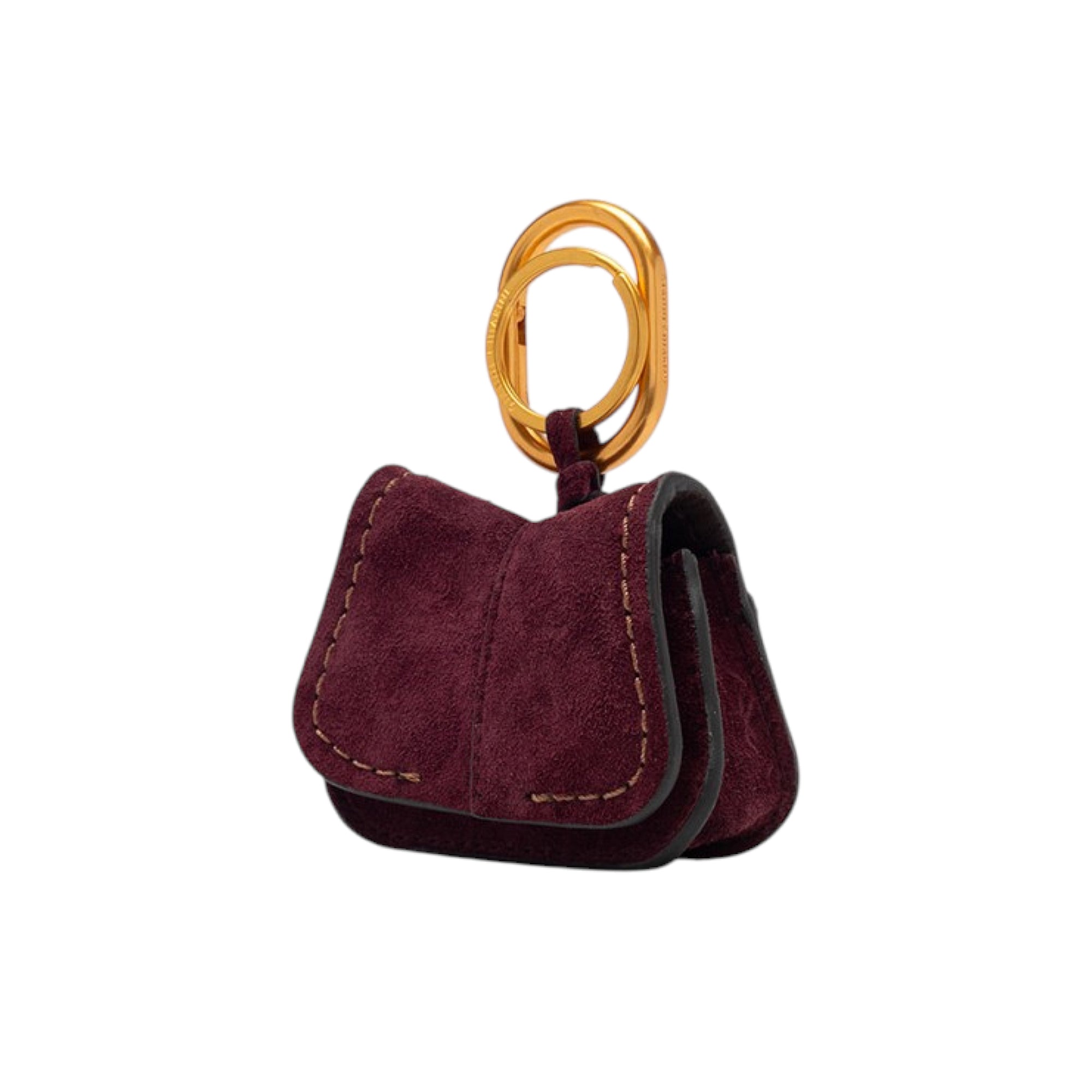 Burgundy suede mini-bag charm keychain with contrasting stitching and gold-toned oval and split rings.
