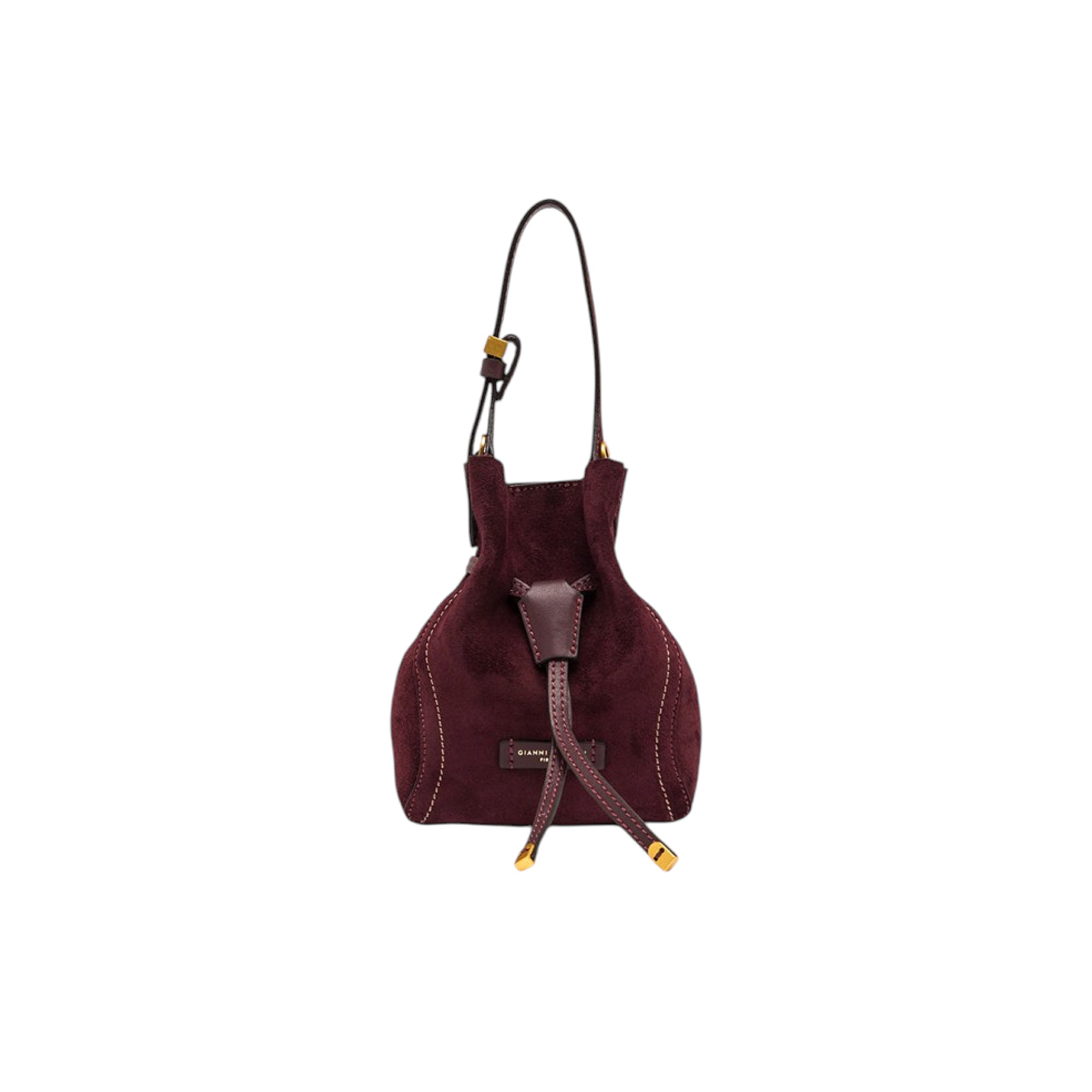 Burgundy suede bucket handbag with smooth leather drawstring and adjustable shoulder strap, featuring gold-toned hardware.