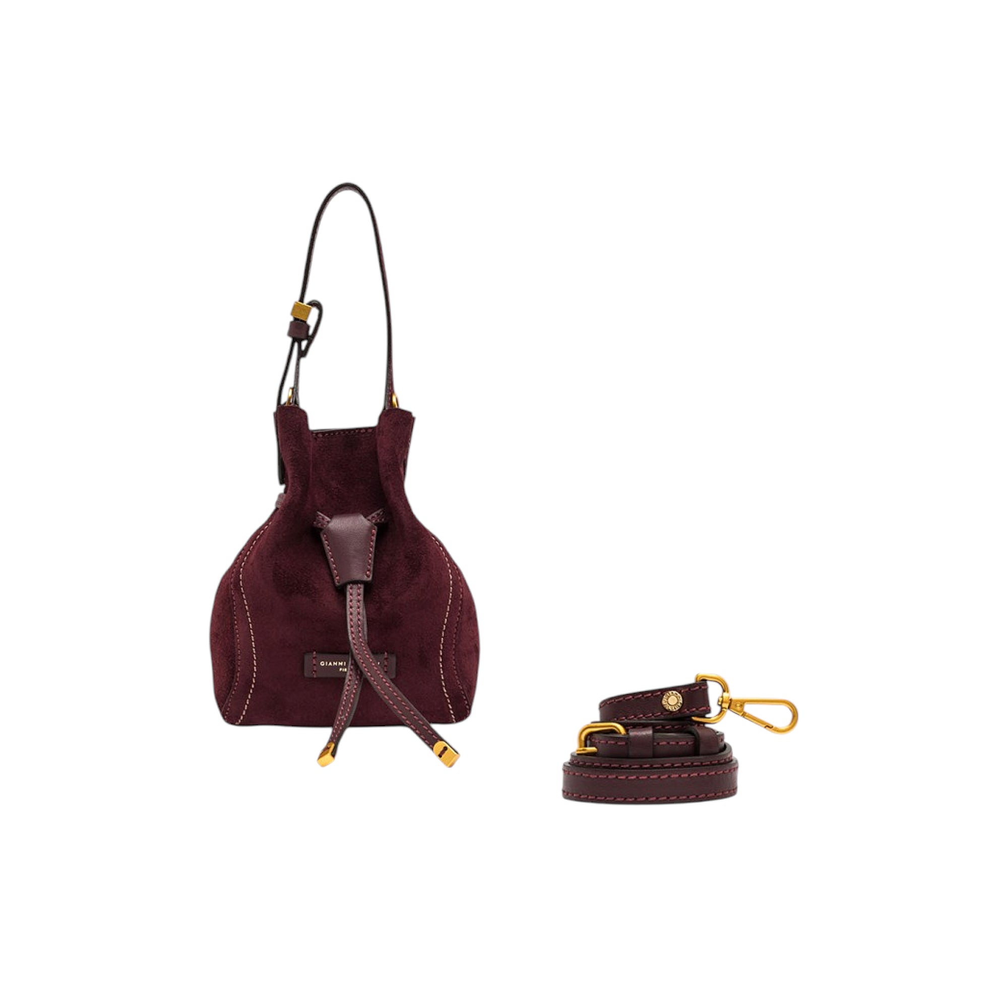 Burgundy suede bucket handbag with dark brown leather drawstring, single top handle, and gold-toned hardware. Includes a sepa