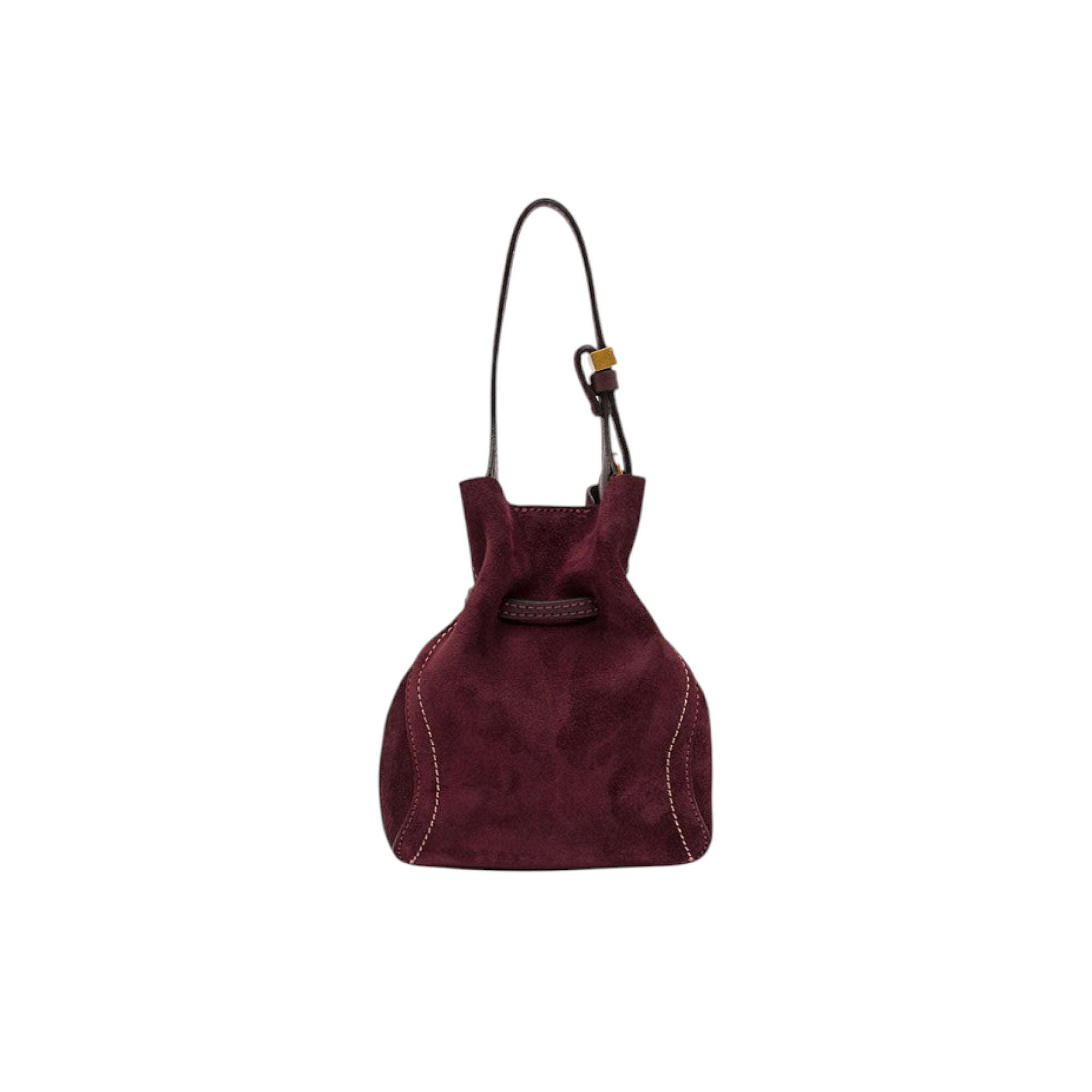 Burgundy suede drawstring bucket bag with a thin dark brown strap, gold-toned buckle, and white contrast stitching.