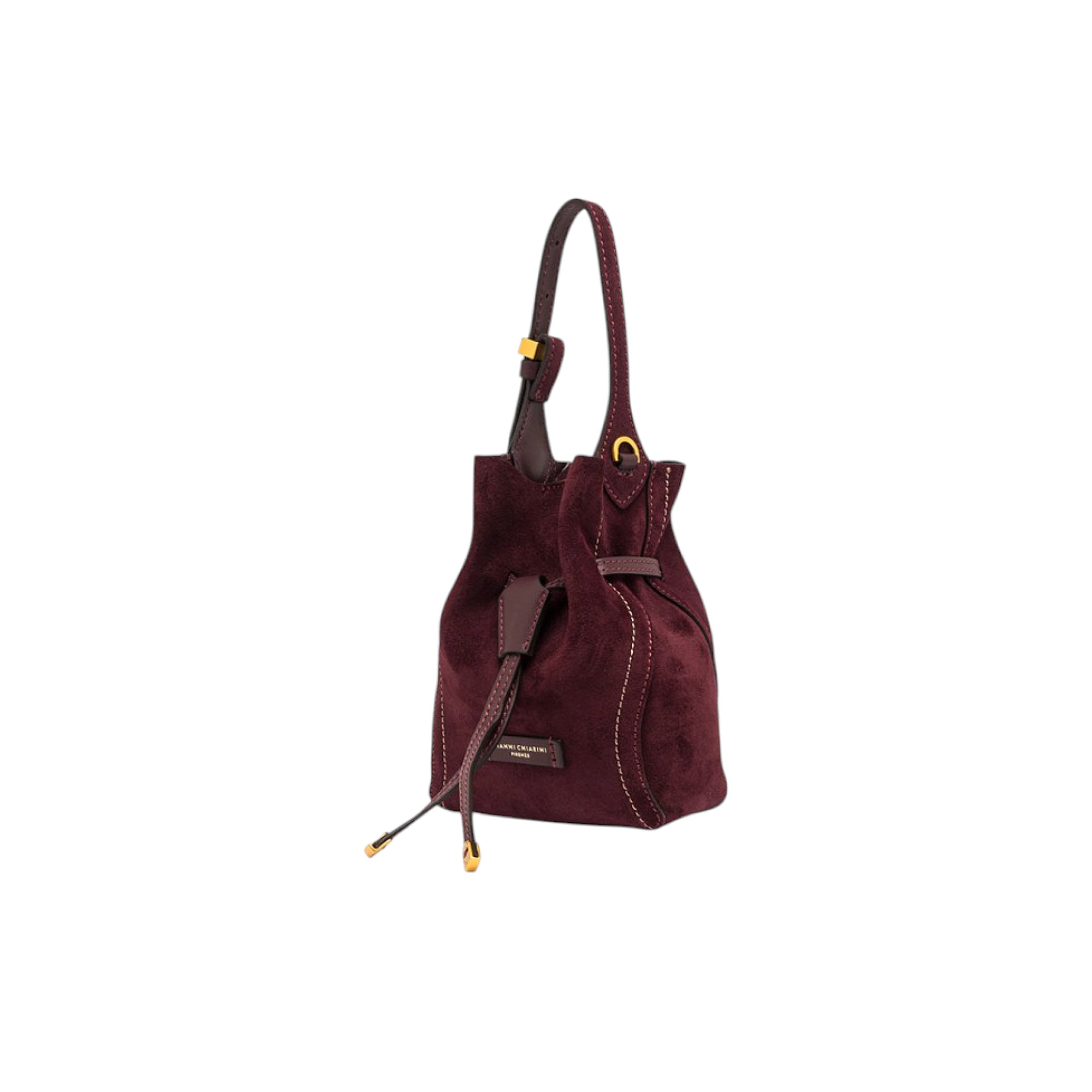 Burgundy suede bucket handbag with light stitching, leather drawstring closure, gold-toned hardware, and a single top handle.