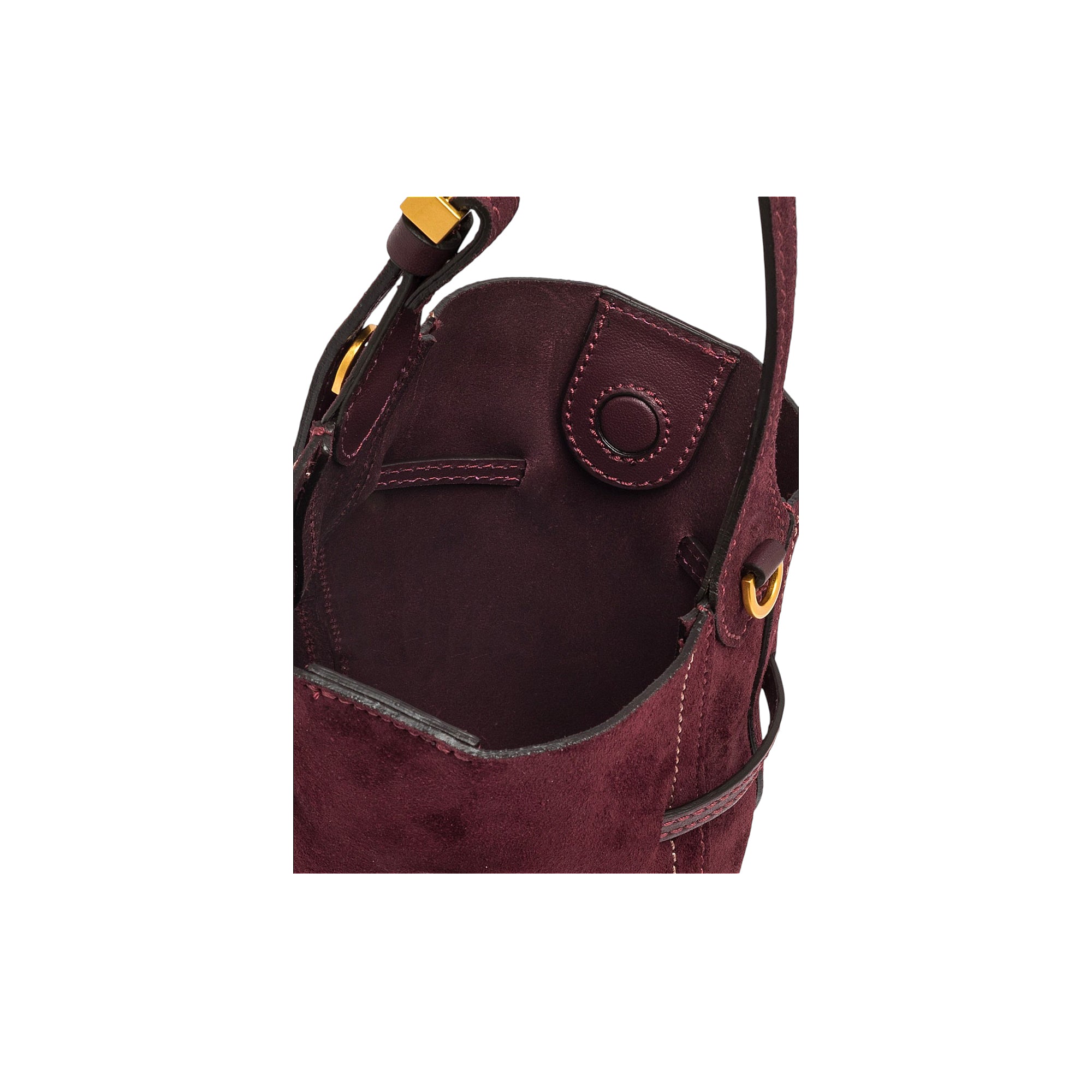 Burgundy suede handbag with smooth leather trim, gold-toned hardware, white stitching, and a top snap closure flap.