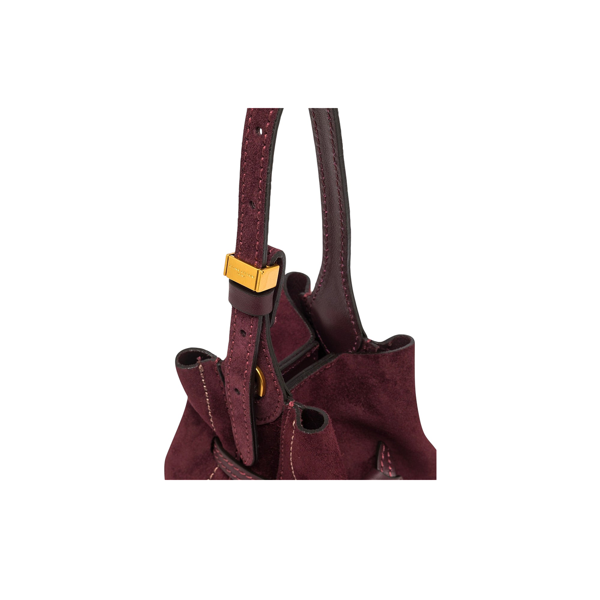 Burgundy suede handbag with gathered top, burgundy leather straps, and a gold-toned rectangular buckle on one strap.