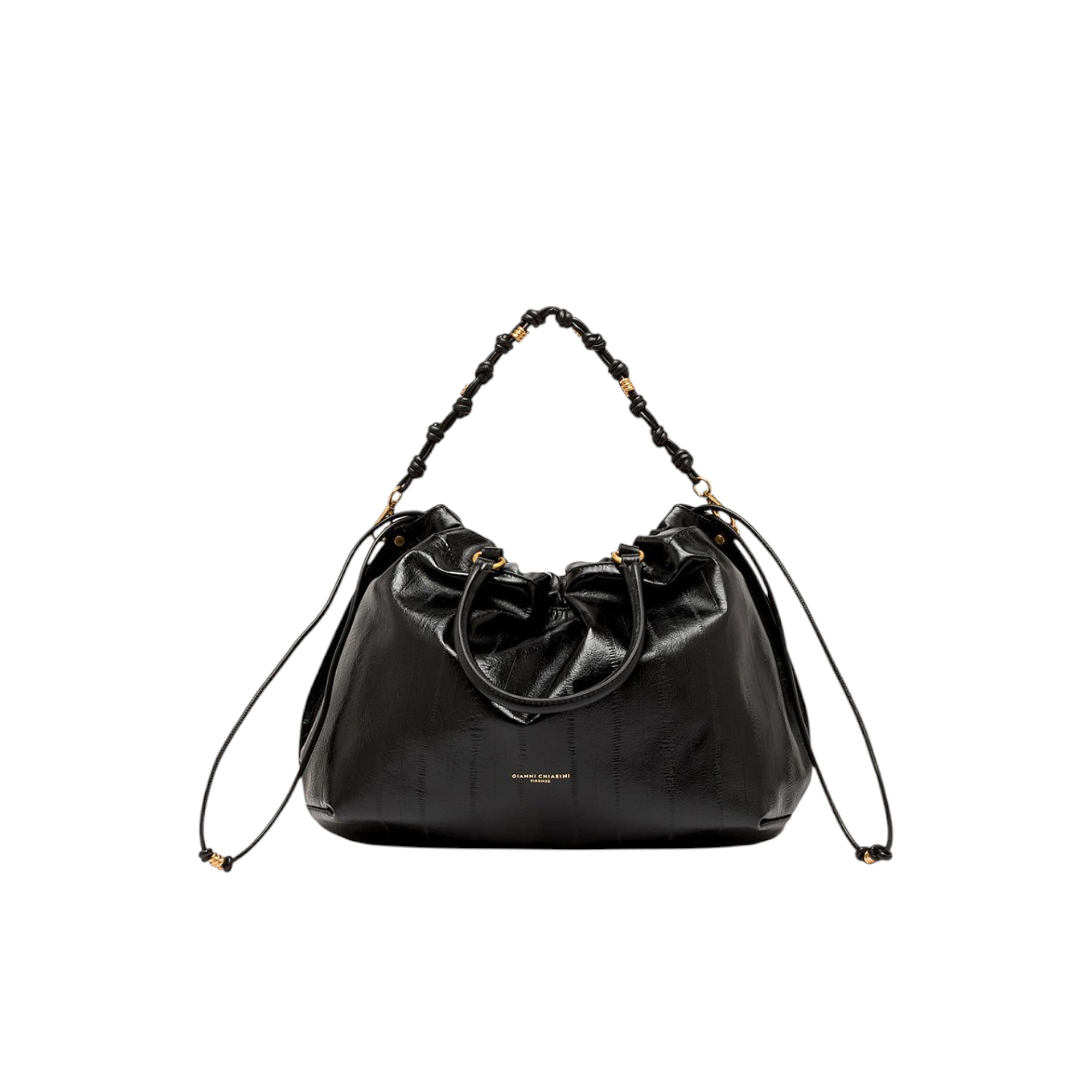 Black GIANNI CHIARINI Morgana handbag with a glossy finish, knotted top handle, and drawstring closure.