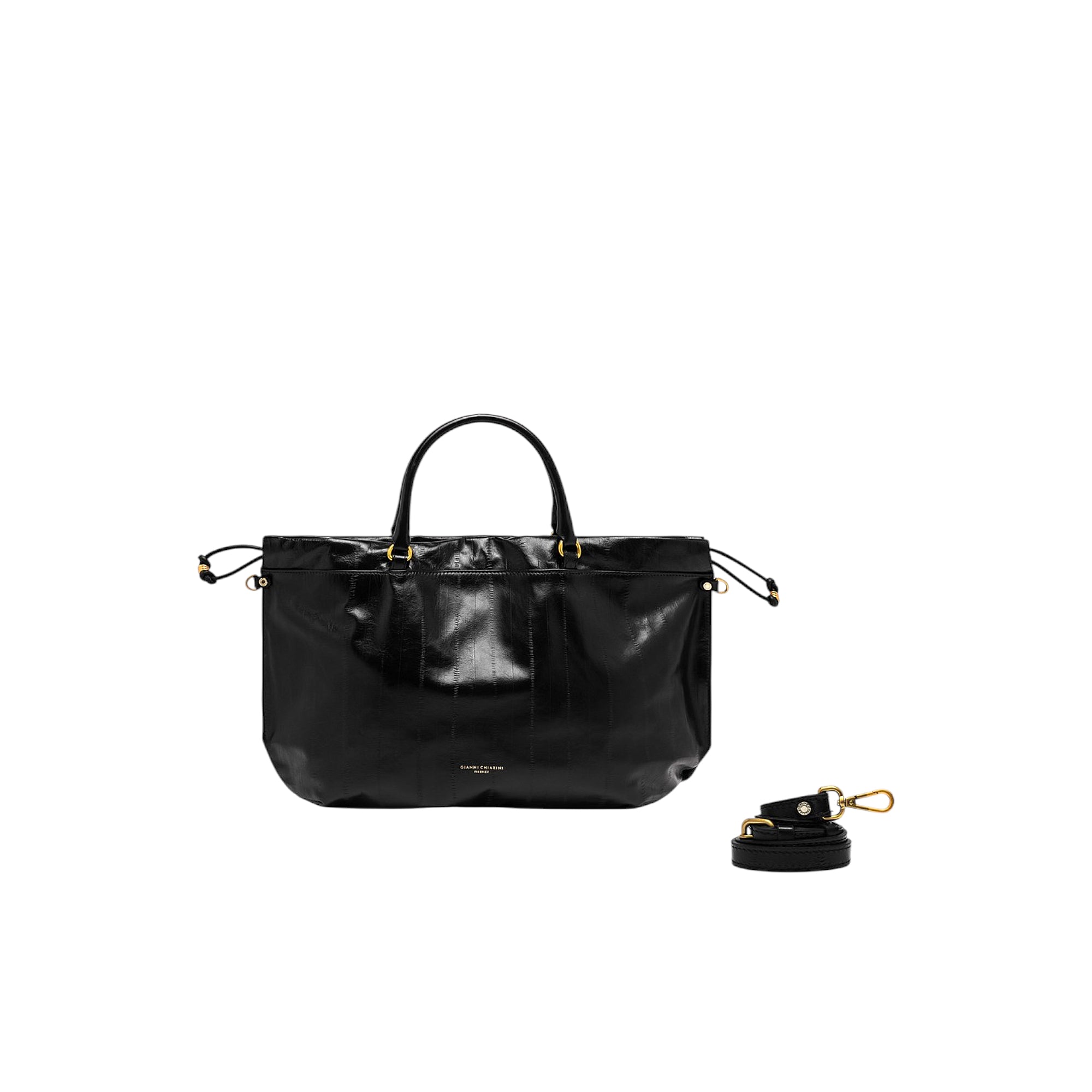 Black eel-textured handbag with two top handles, drawstring sides, gold-toned hardware, and a detachable black strap.