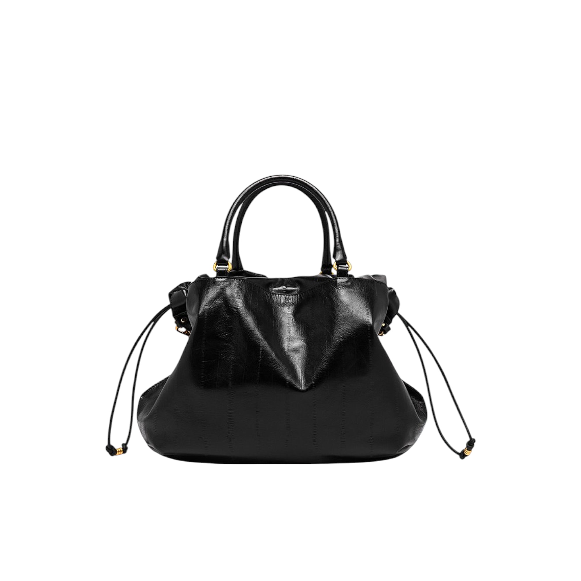 Black shiny eel-skin handbag with two top handles, gold-toned hardware, and side drawstrings with gold-toned beads.