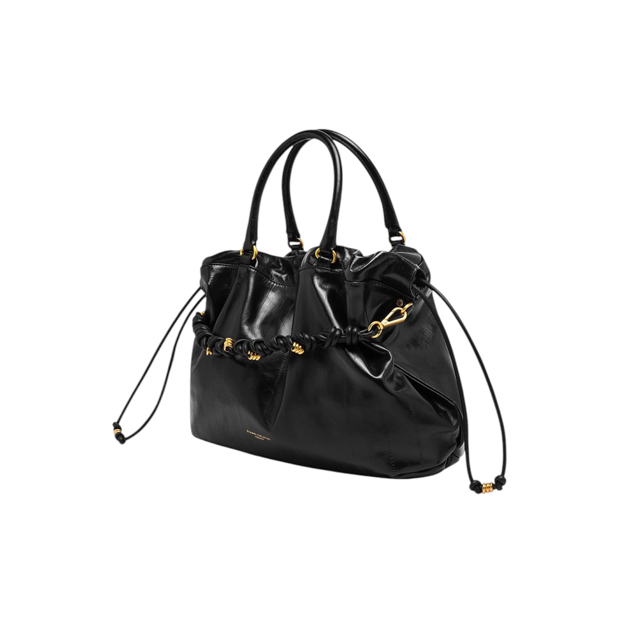 Black glossy leather handbag with two top handles, a gathered drawstring top, and a braided black leather strap with gold-ton