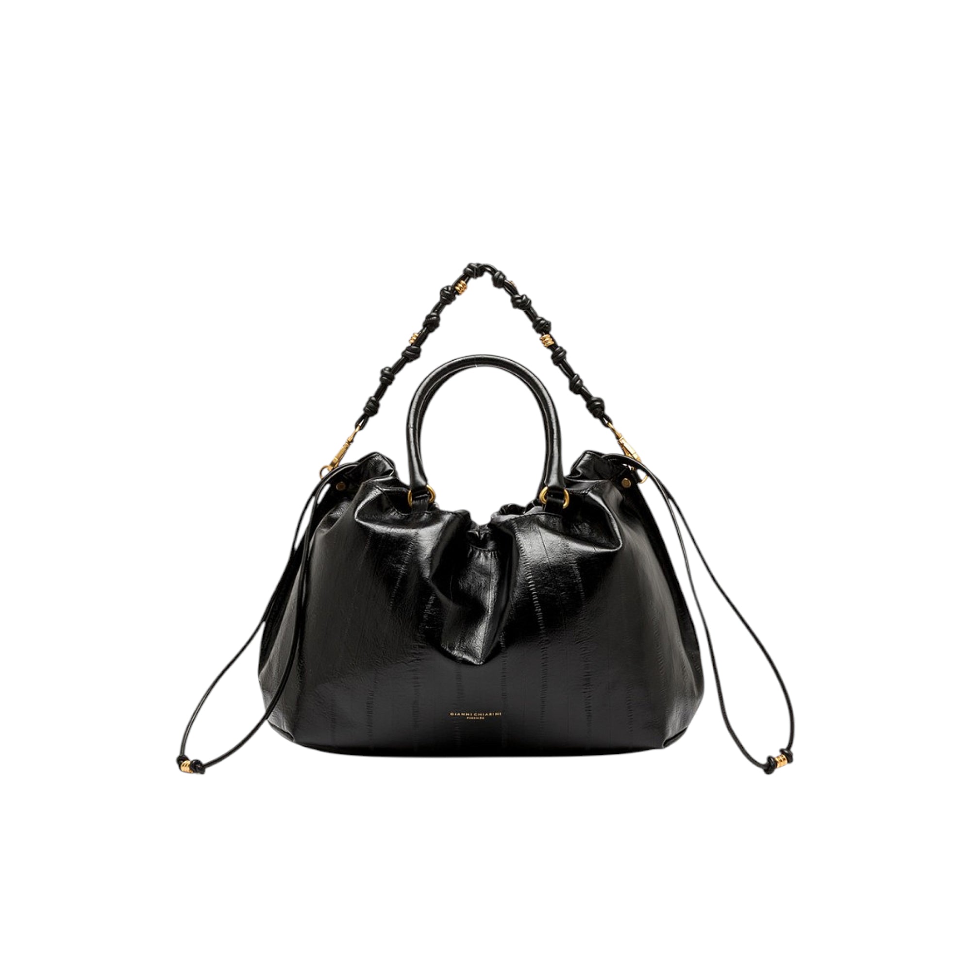 Black eel skin handbag with gathered top, two handles, and a braided shoulder strap. Gold-toned hardware on strap, drawstring