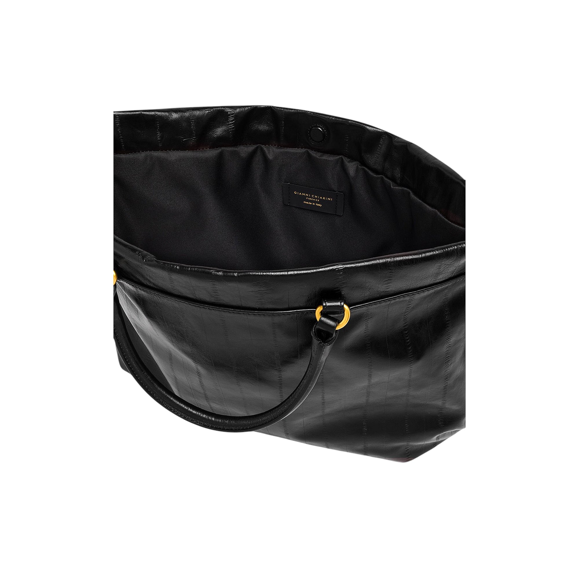 Black textured handbag with a single curved handle, gold-toned D-rings, and an open top with a snap closure.