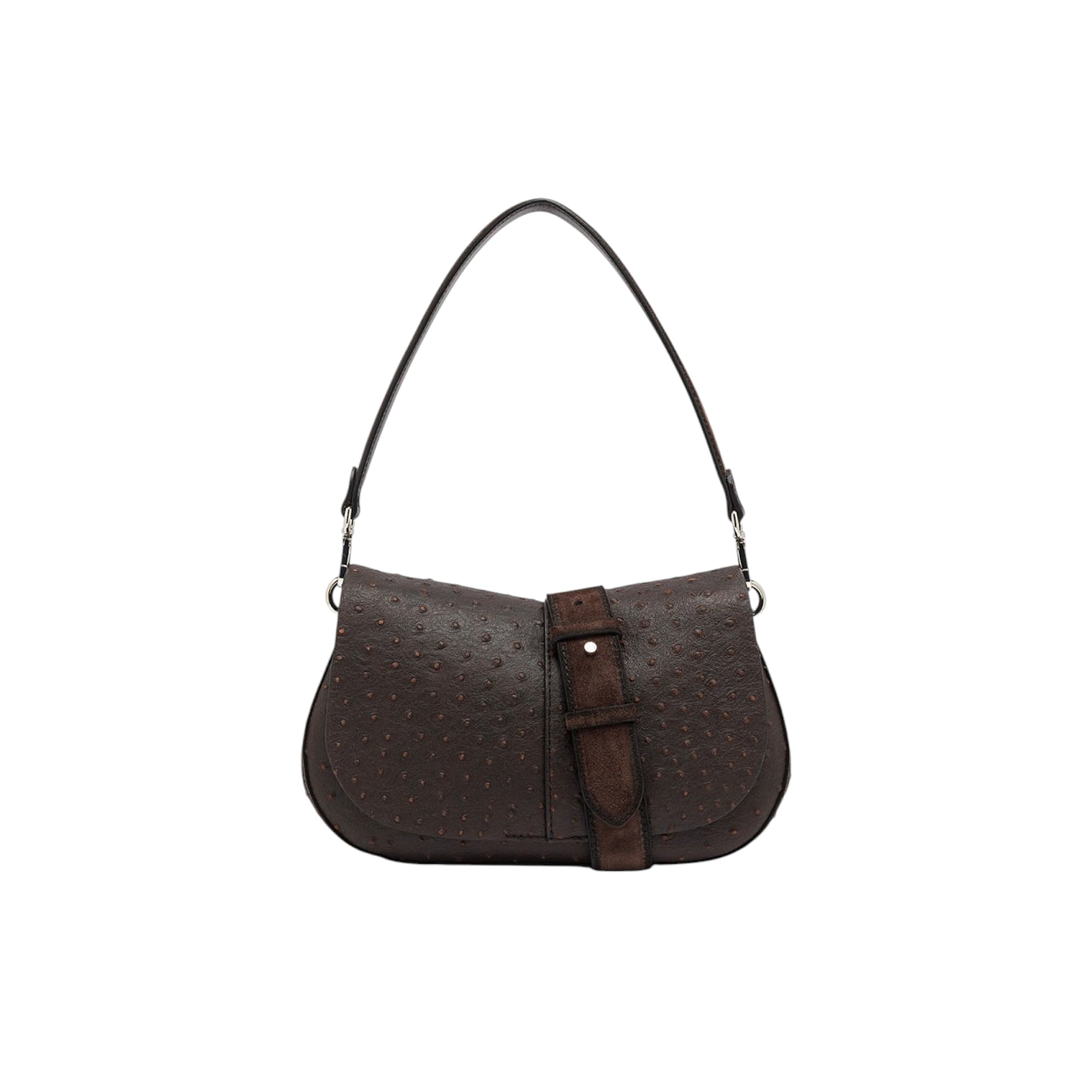 Dark brown GIANNI CHIARINI Helena round handbag with an ostrich-effect texture, a smooth shoulder strap, and a suede-like buc
