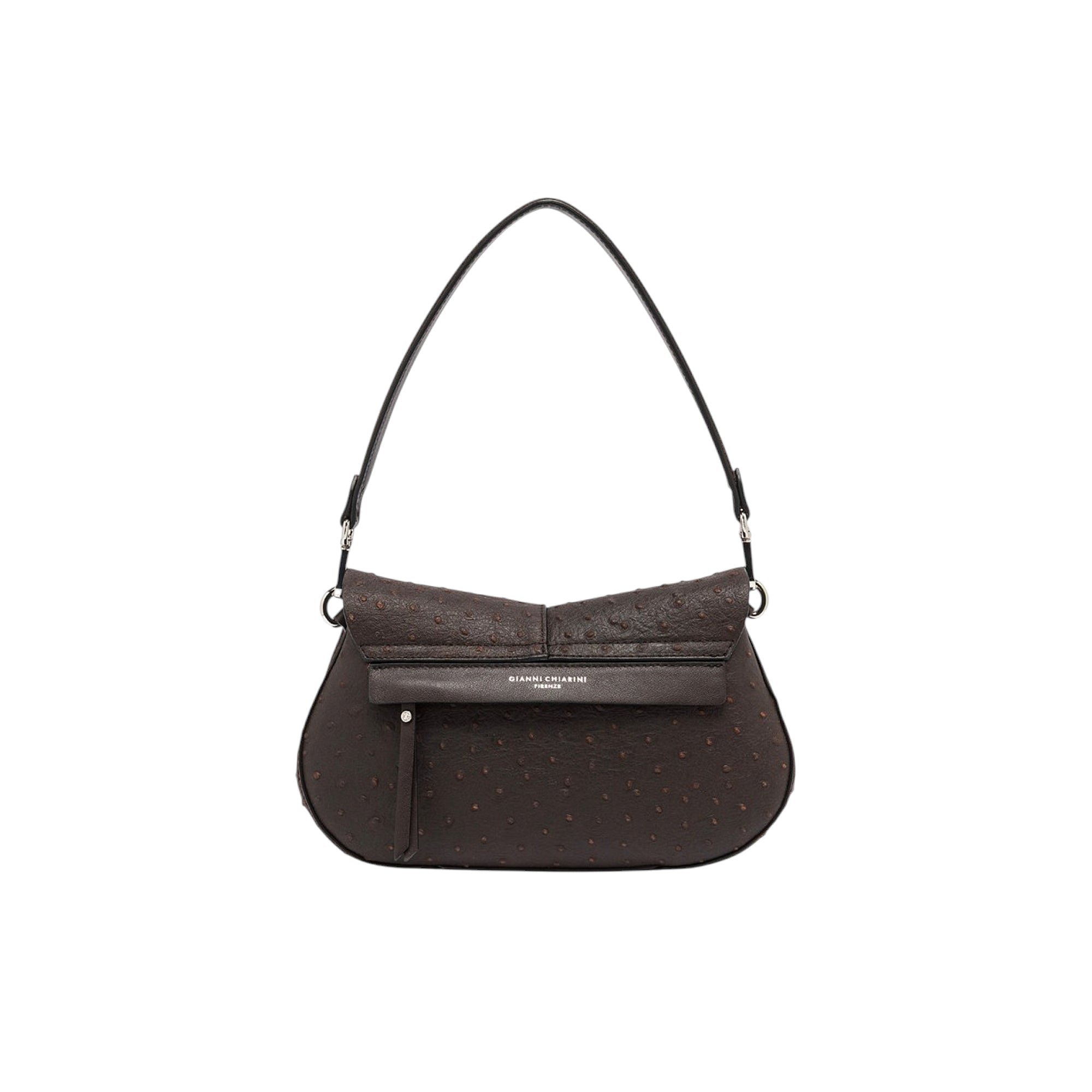 Dark brown rounded handbag with ostrich-effect texture, a front flap with "GIANNI CHIARINI FIRENZE" logo, and a thin shoulder