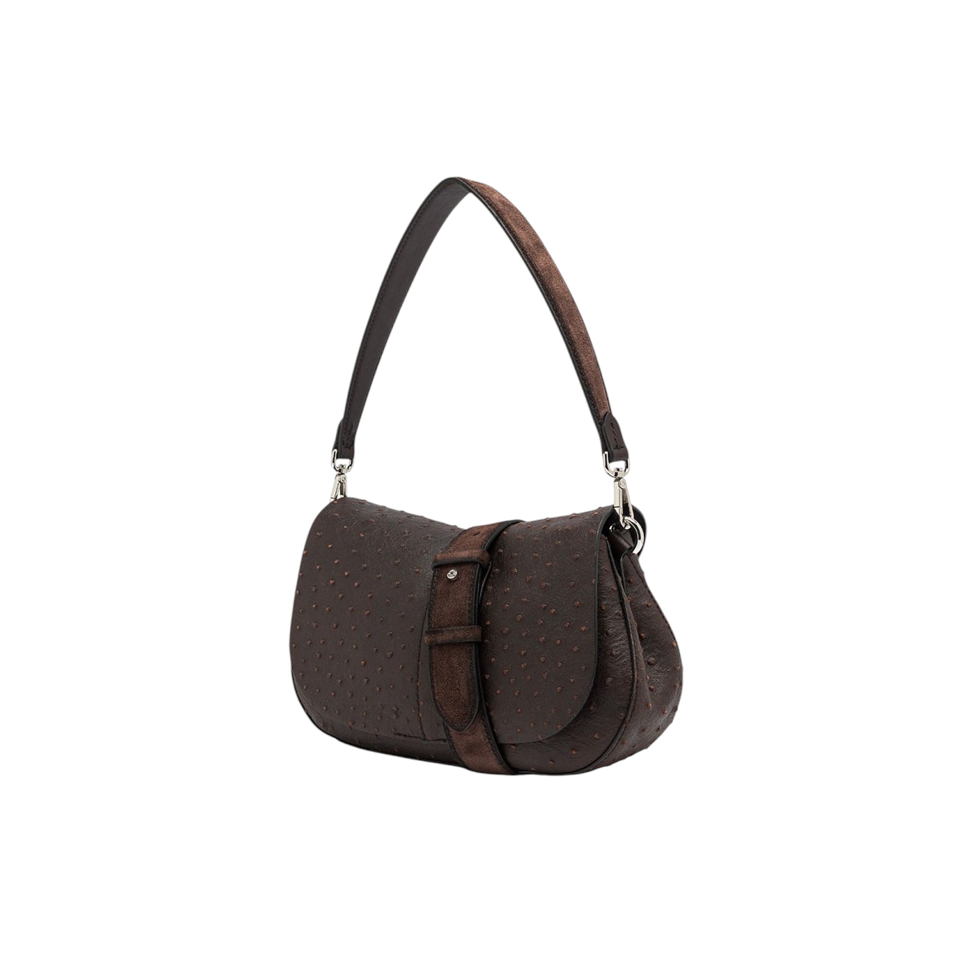 Dark brown round handbag with faux ostrich texture, a flap closure, and a suede-like strap. It has a shoulder strap with silv