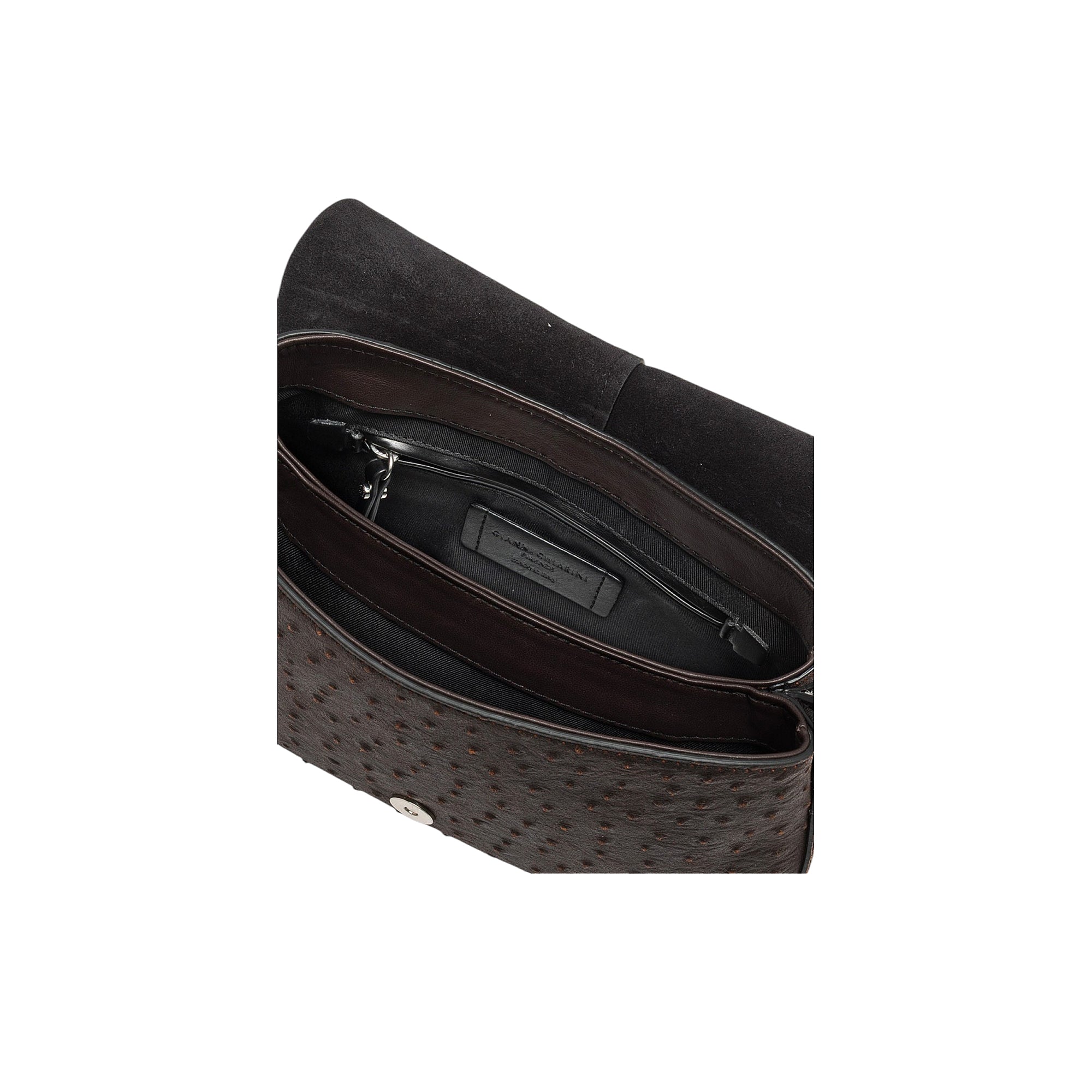Dark brown textured handbag with an open flap, revealing a black interior, a silver-toned zippered pocket, and a silver-toned