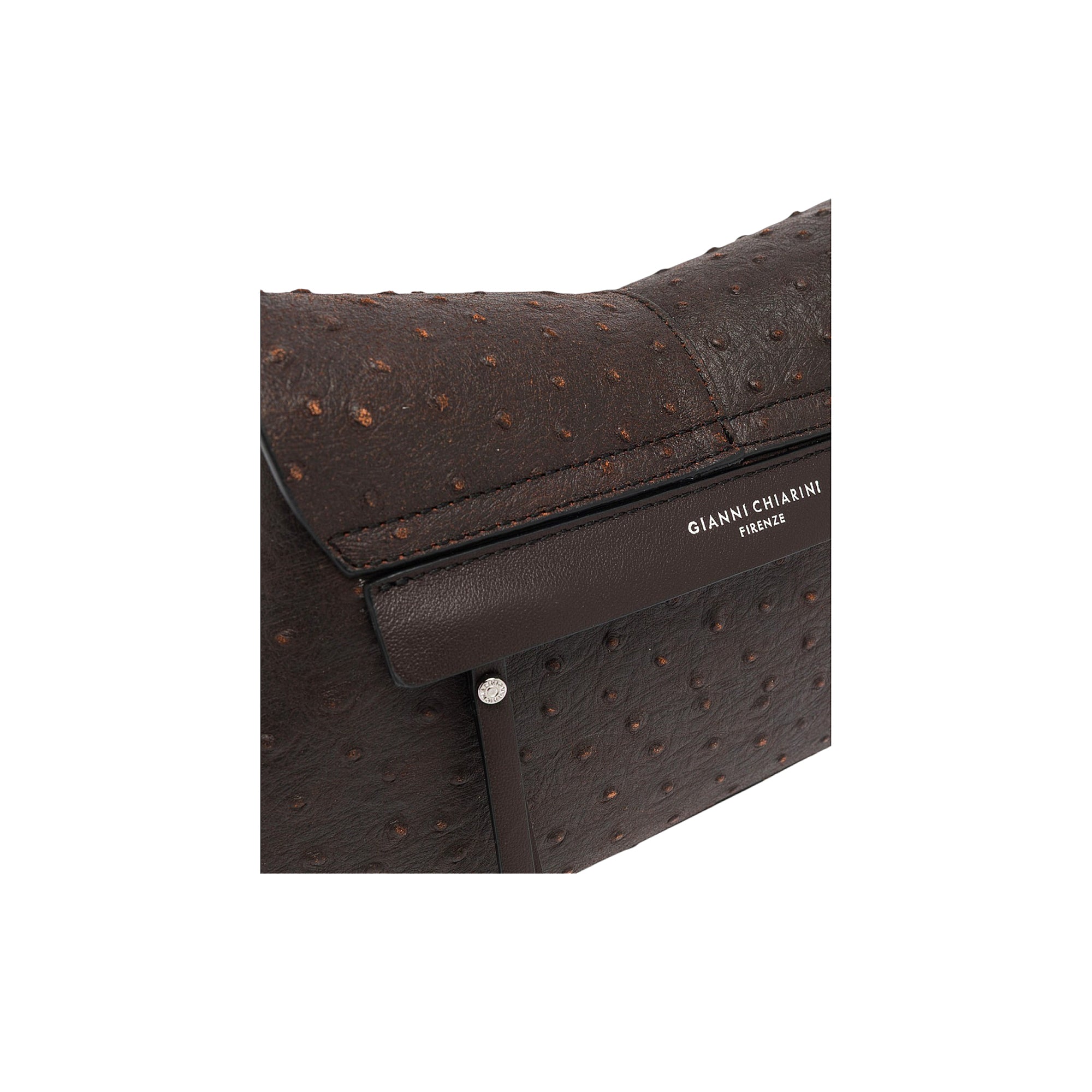 Dark brown handbag with ostrich-effect texture. Features a flap closure, a smooth strap with 'GIANNI CHIARINI FIRENZE' text,