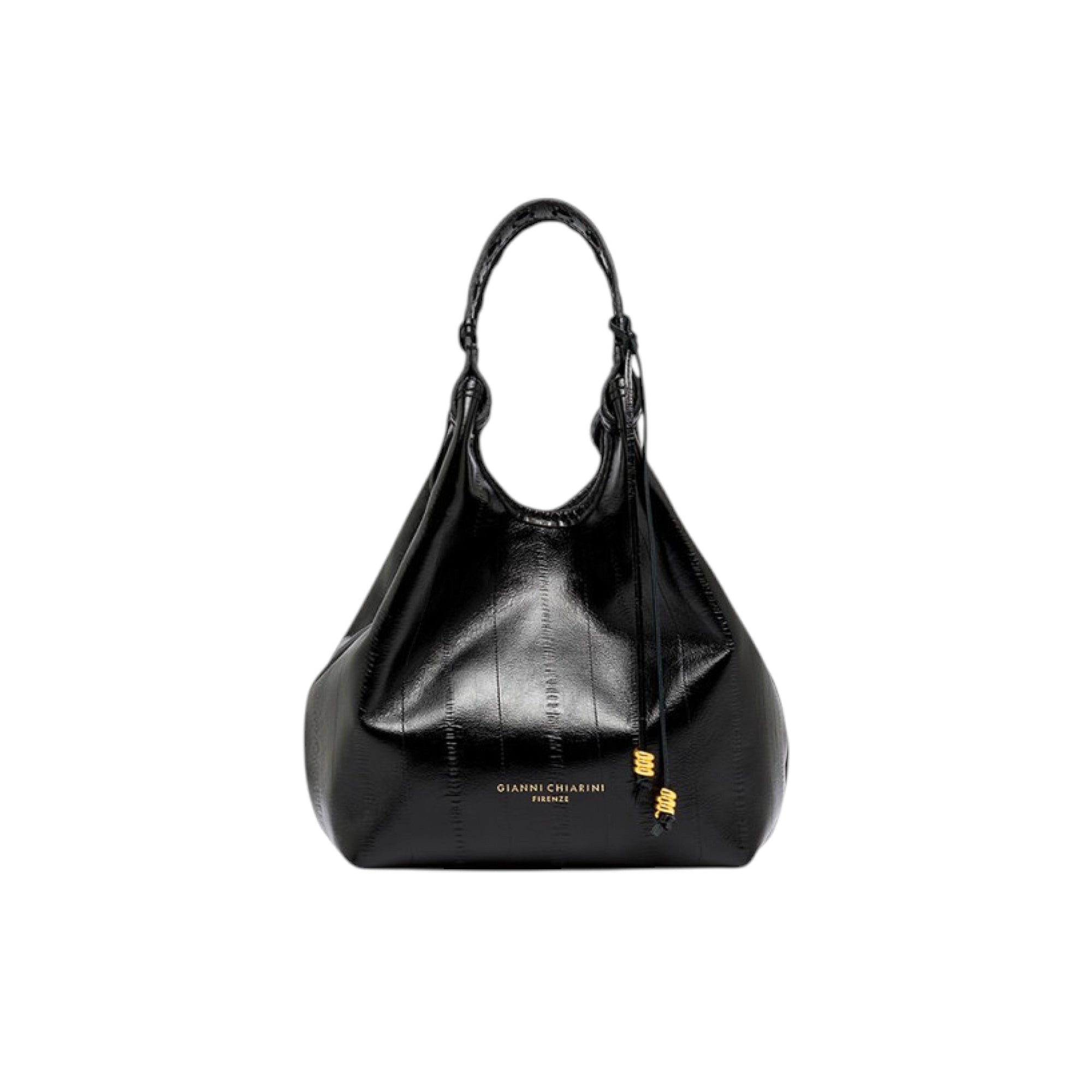 Black glossy leather handbag with a single top handle and gold-toned decorative charms.