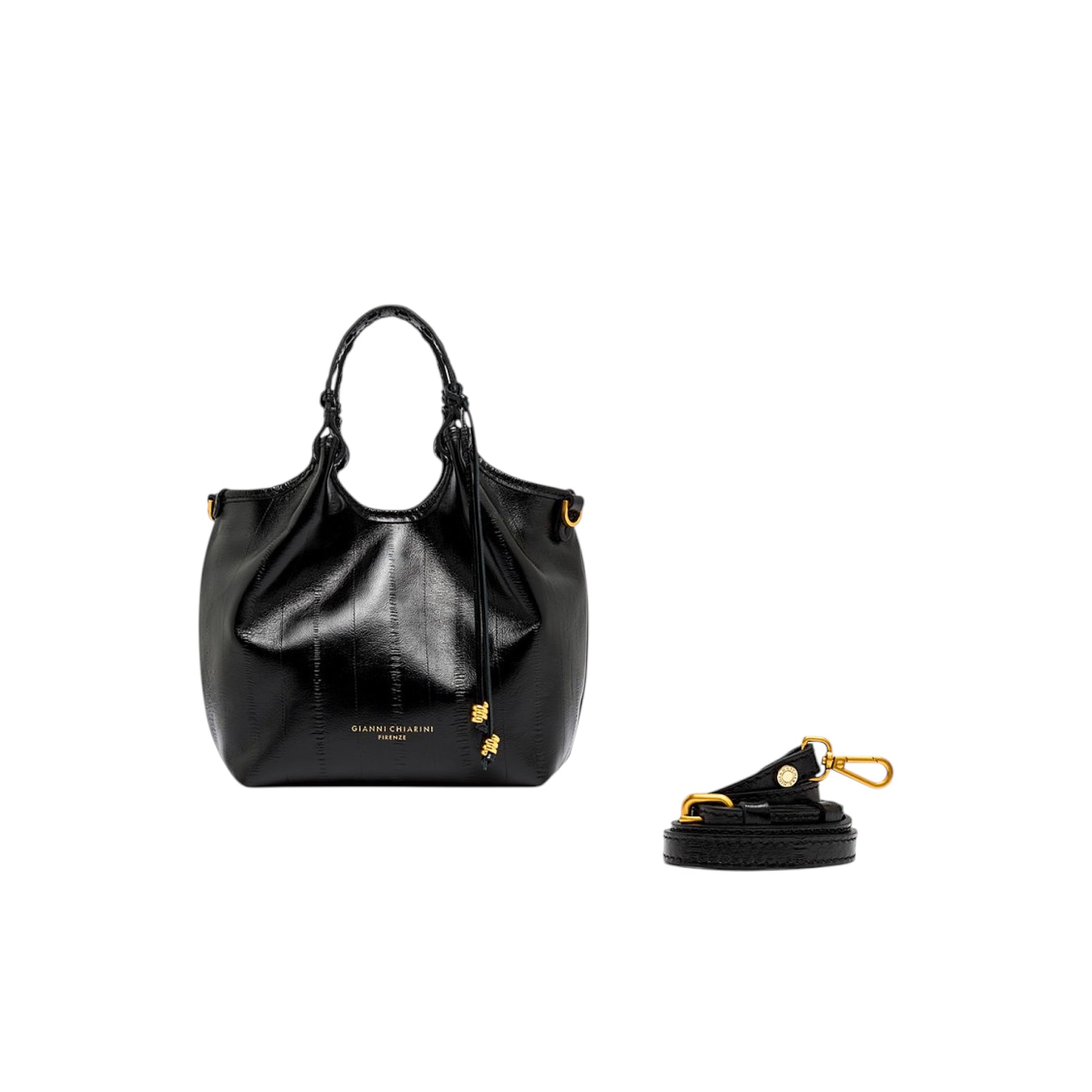 Shiny black handbag with braided top handles, gold-toned accents, and a tassel. Separate black adjustable strap with gold-ton