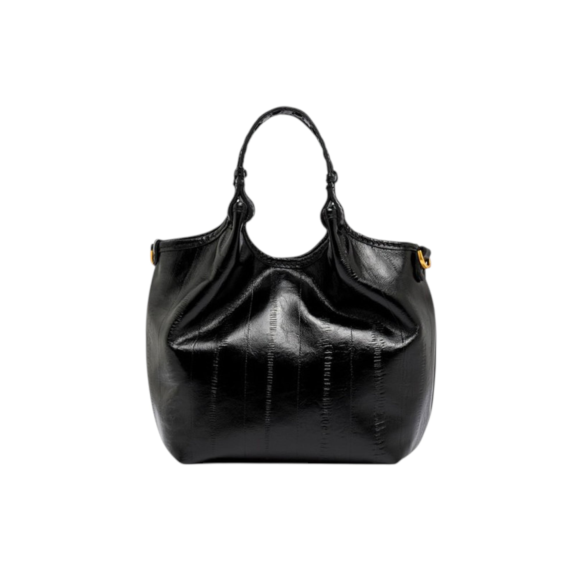 Black slouchy handbag with a shiny, textured finish resembling eel skin. Features a braided top handle and a gold-toned D-rin