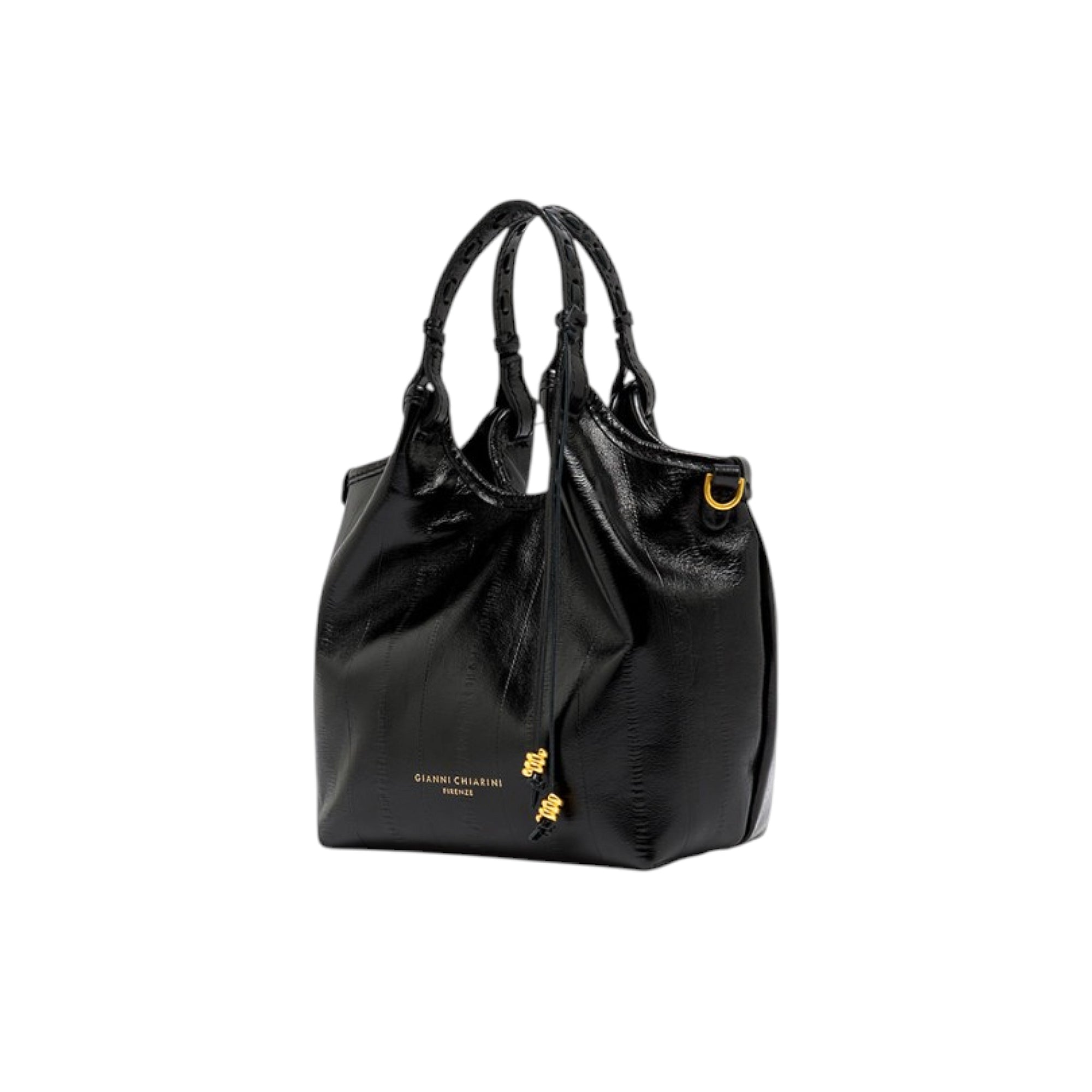 Glossy black handbag with subtle eel-skin texture, two braided top handles, gold-toned D-ring, and gold-toned charms. Gianni
