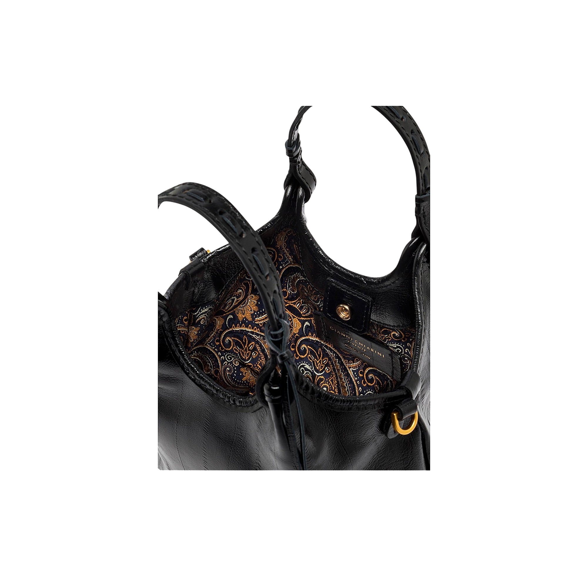 Black leather handbag with braided top handles, gold-toned D-ring, snap closure, and a dark paisley-patterned interior.