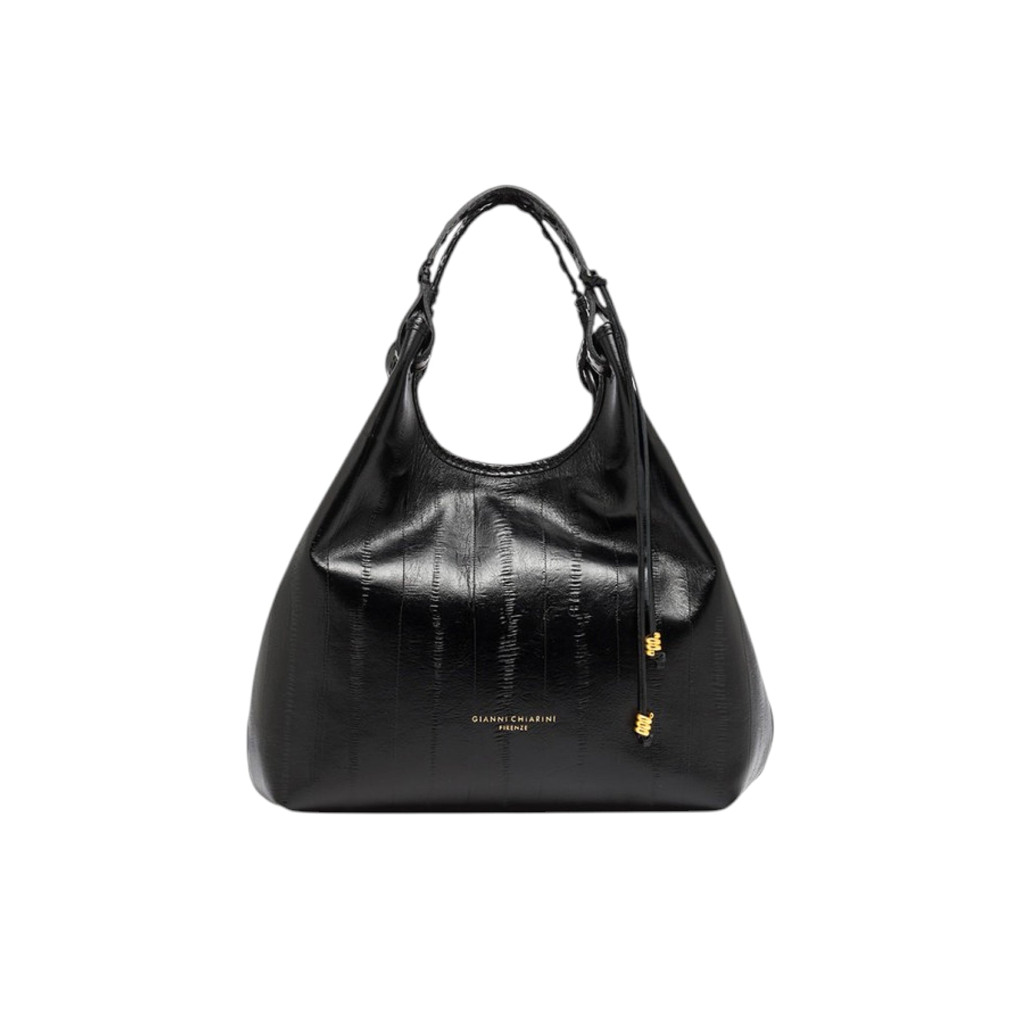 Black GIANNI CHIARINI Dua handbag with a textured finish, braided top handle, and gold-toned toggles.