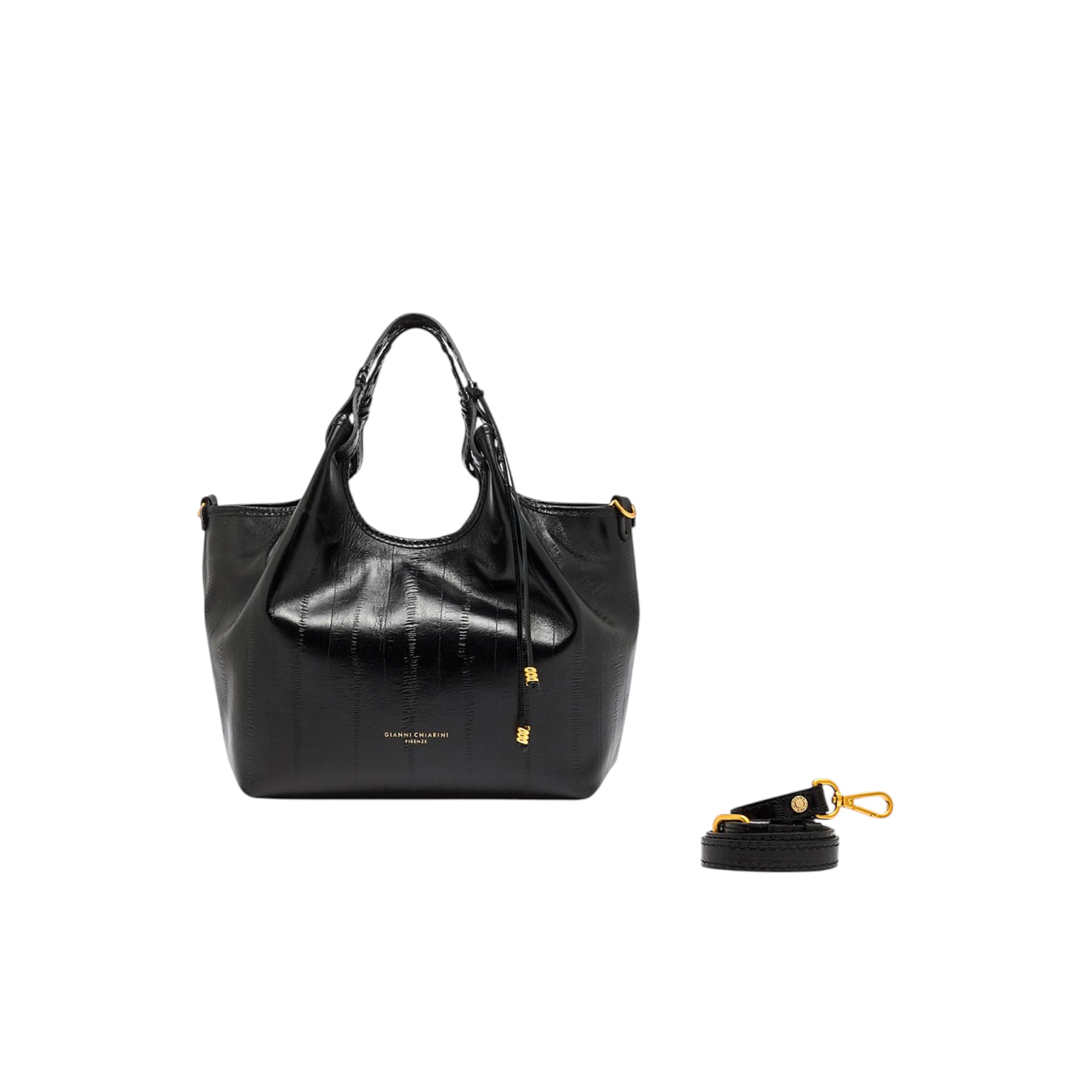 Black leather handbag with vertical ribbed texture, twisted top handles, gold-toned hardware, and a tassel. Coiled shoulder s