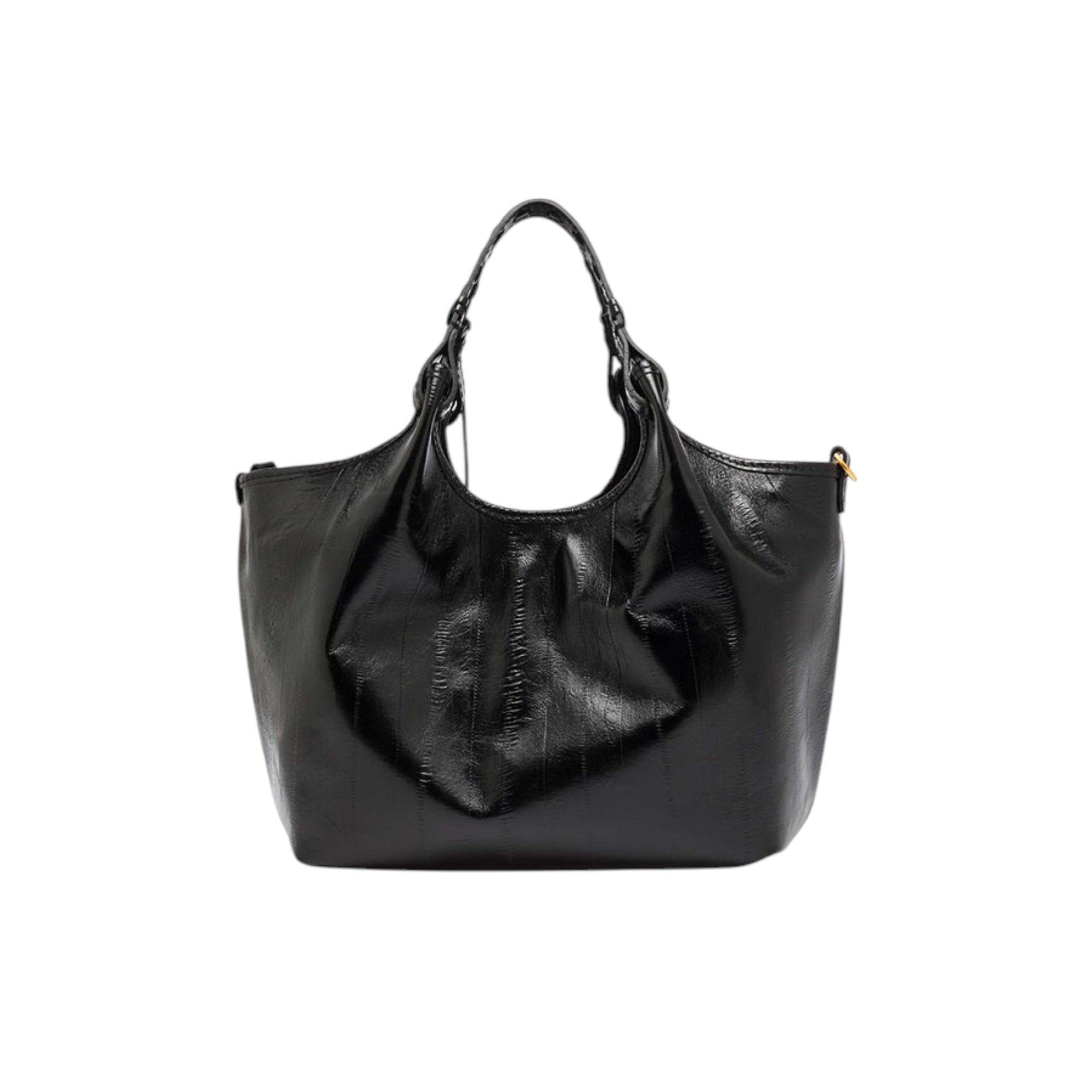 Black slouchy handbag with a shiny, textured faux leather finish, a braided top handle, and a small gold-toned detail.