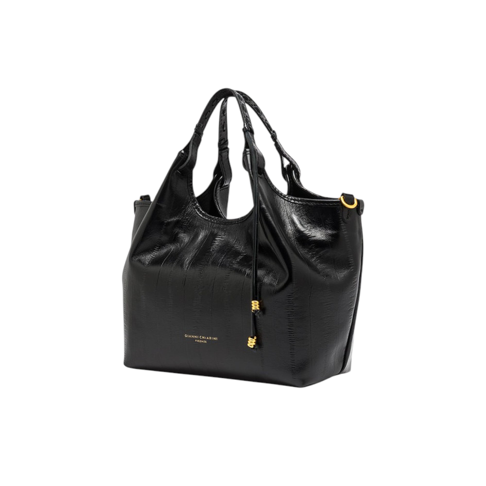 Black textured shiny leather handbag with braided handles, gold-toned logo, tassel with gold-toned beads, and a gold-toned D-