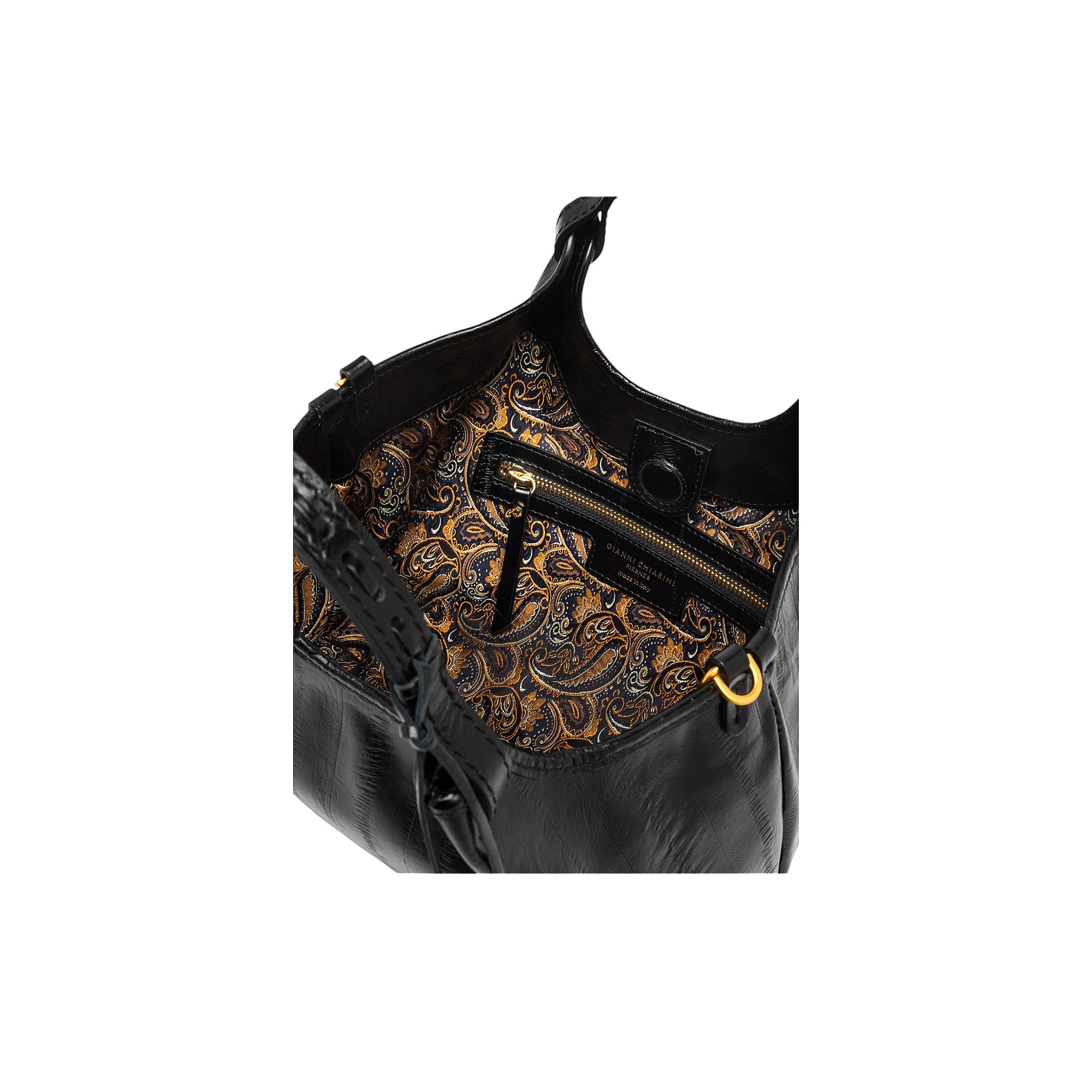 Black leather handbag with a braided handle, open top revealing a gold and blue paisley-patterned lining, and an interior zip