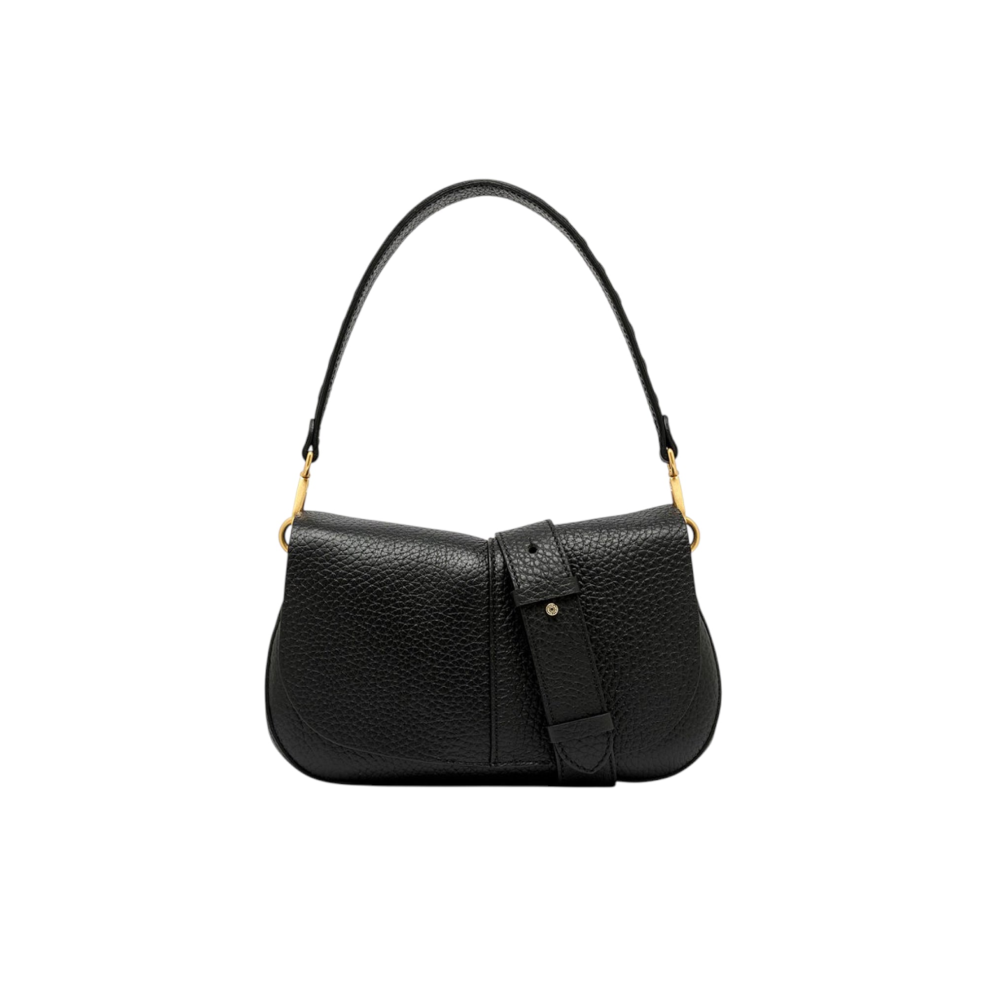 Black pebbled leather rounded saddle handbag with a flap closure and gold-toned hardware.