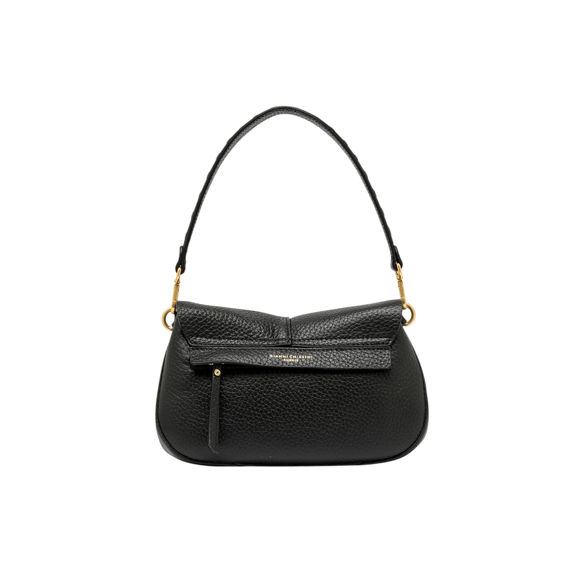 Black pebbled leather round handbag with a textured shoulder strap, front flap, gold-toned hardware, and a small pull tab.