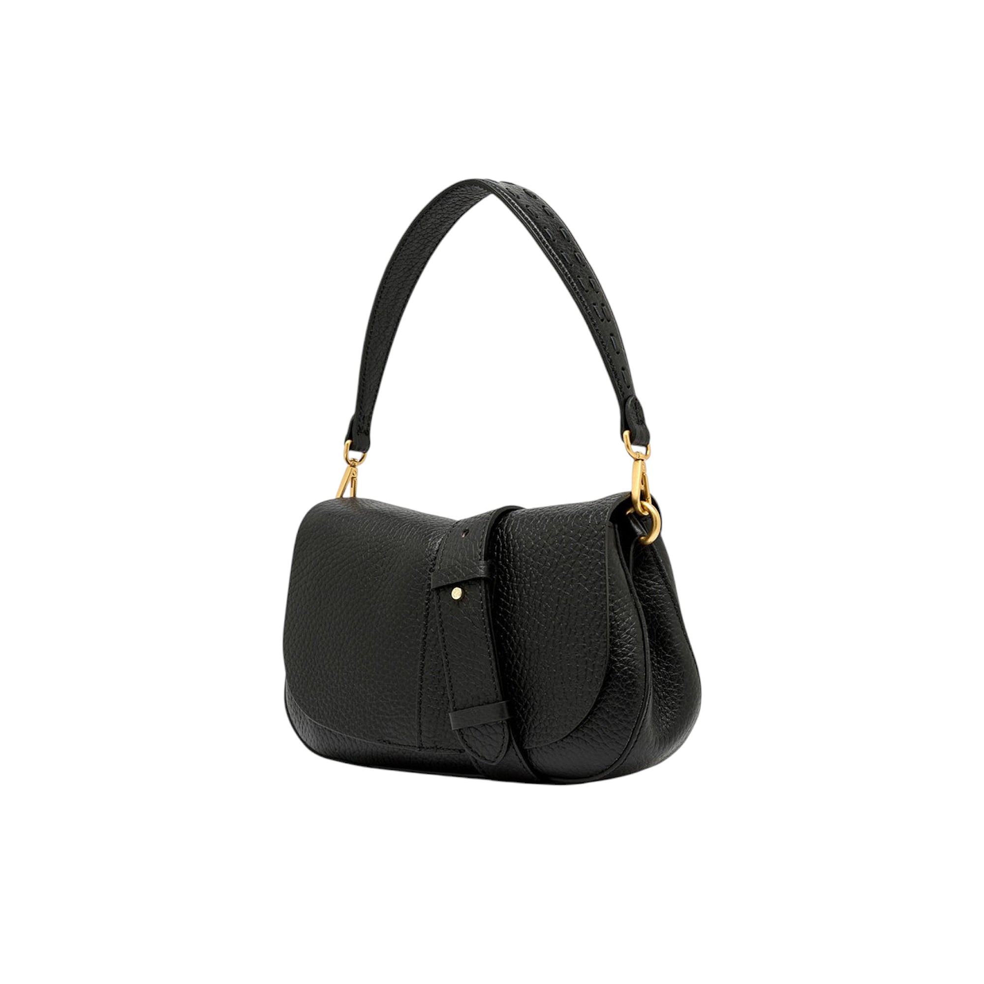 Black pebbled leather handbag with a rounded flap, gold-toned stud closure, and a perforated shoulder strap with gold-toned h
