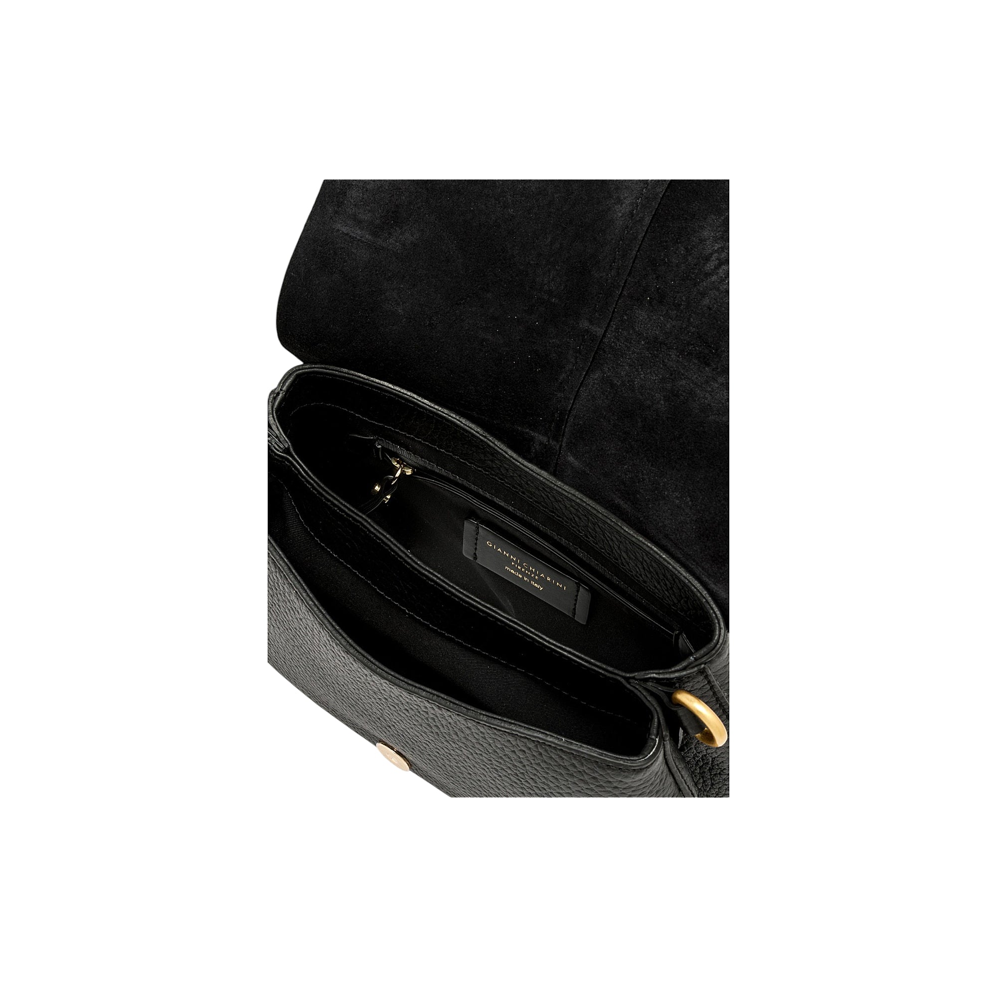 Black pebbled leather flap handbag with an open flap revealing a black suede lining, gold-toned zipper pull, and side ring.