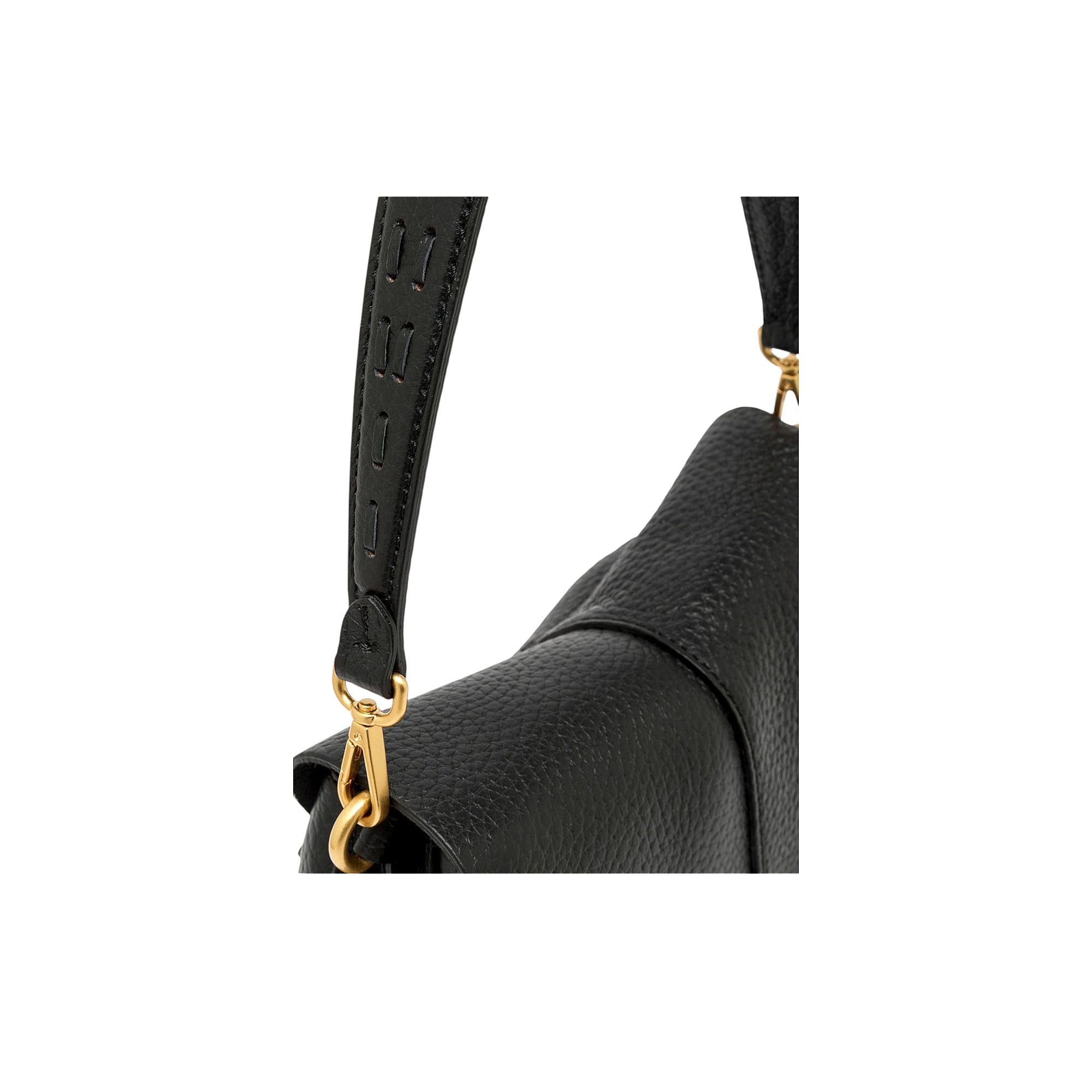 Black pebbled leather round handbag with a black strap featuring two rows of dash stitching and gold-toned swivel snap hooks.