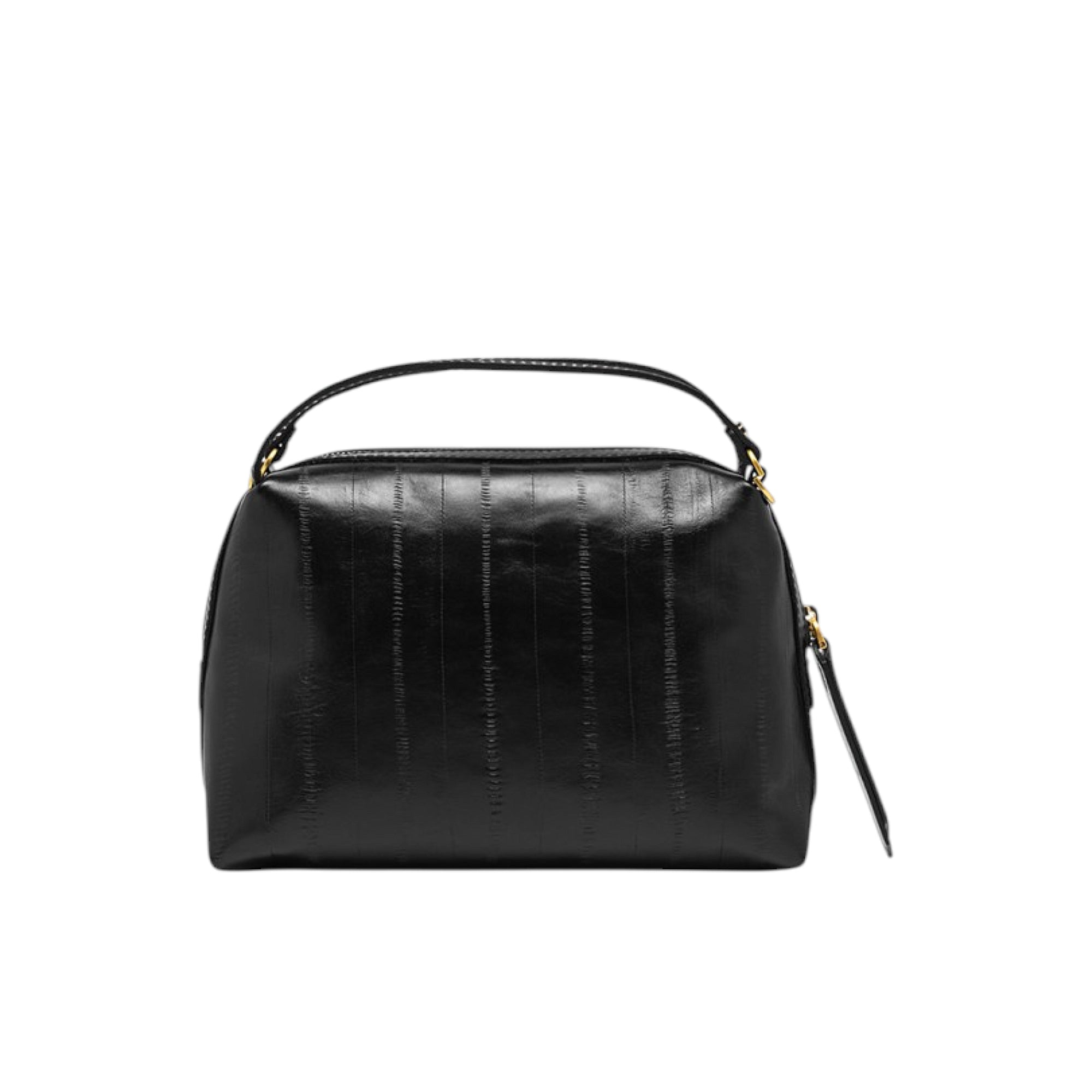 Black eel leather handbag with a single top handle, gold-toned hardware, and a top zipper closure with a long pull tab.